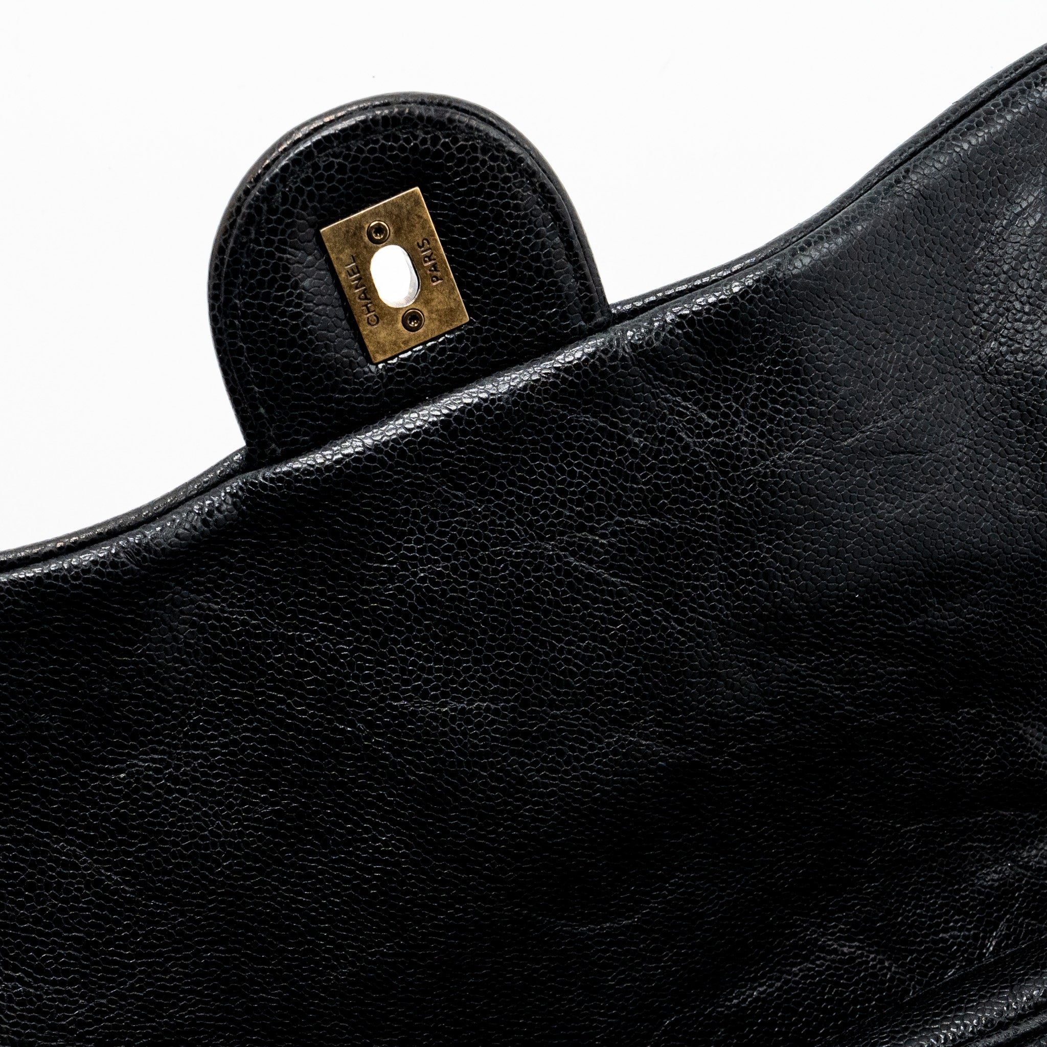 CHANEL LARGE FLAP BAG GRAINED CALFSKIN BLACK BRUSHED GHW