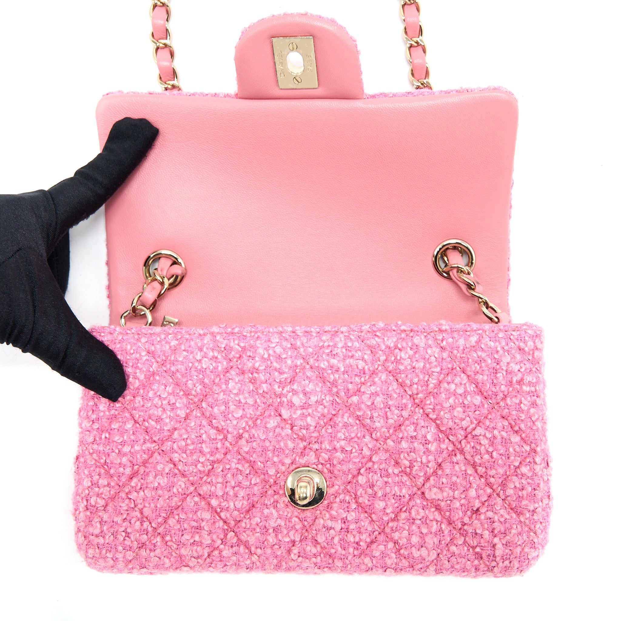 CHANEL MINI RECTANGULAR FLAP BAG TWEED PINK LGHW (MICROCHIP)