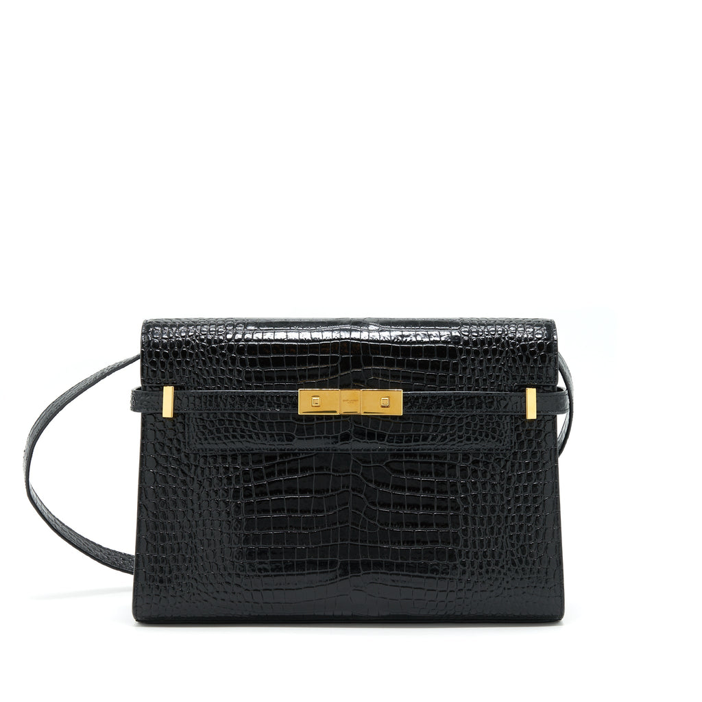 SAINT LAURENT/YSL MANHATTAN SHOULDER BAG SHINY CROC-EMBOSSED BLACK GHW