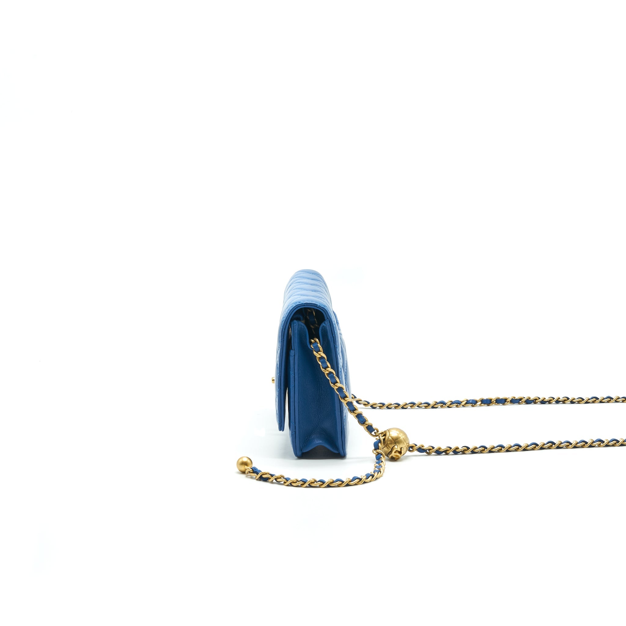 CHANEL LAMBSKIN QUILTED CC PEARL CRUSH WALLET ON CHAIN BLUE WITH GHW