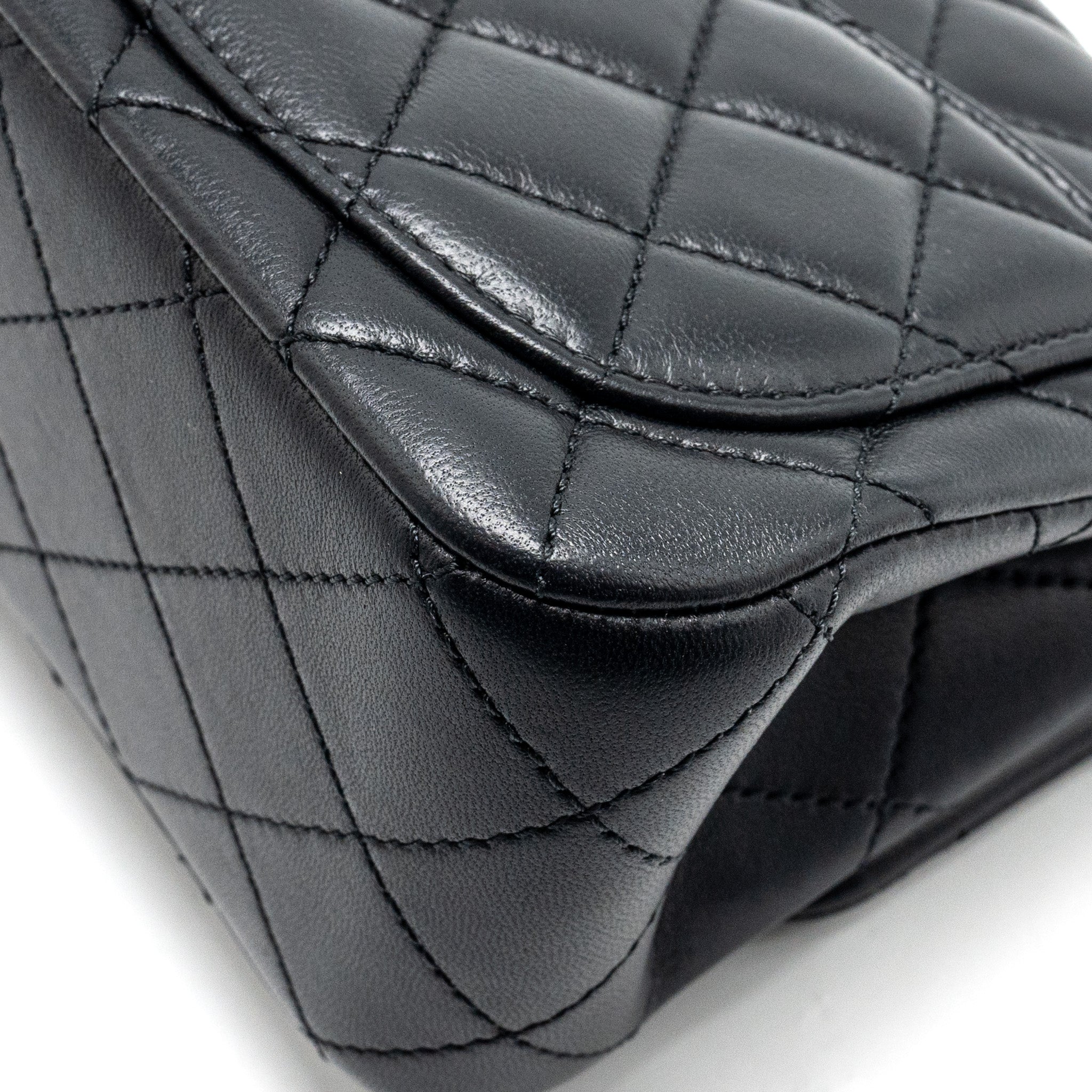 CHANEL CAMELLIA ADJUSTABLE CHAIN MINI SQUARE FLAP BAG LAMBSKIN BLACK GHW (MICROCHIP)