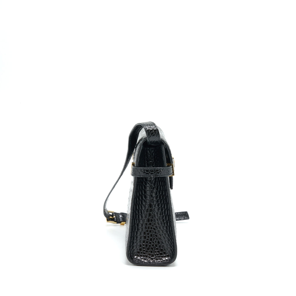 SAINT LAURENT/YSL MANHATTAN SHOULDER BAG SHINY CROC-EMBOSSED BLACK GHW