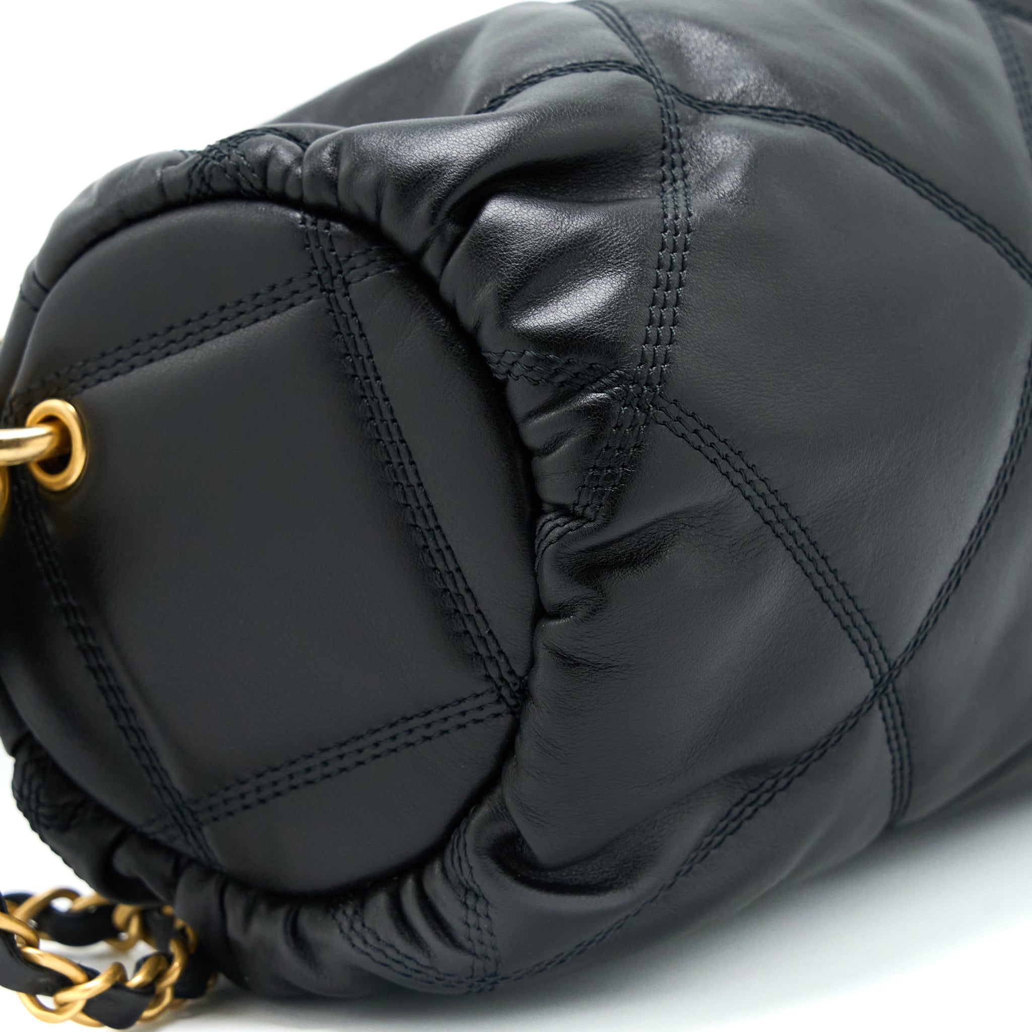 CHANEL MINI BOWLING BAG WITH CHAIN LAMBSKIN BLACK BRUSHED GHW (MICROCHIP)