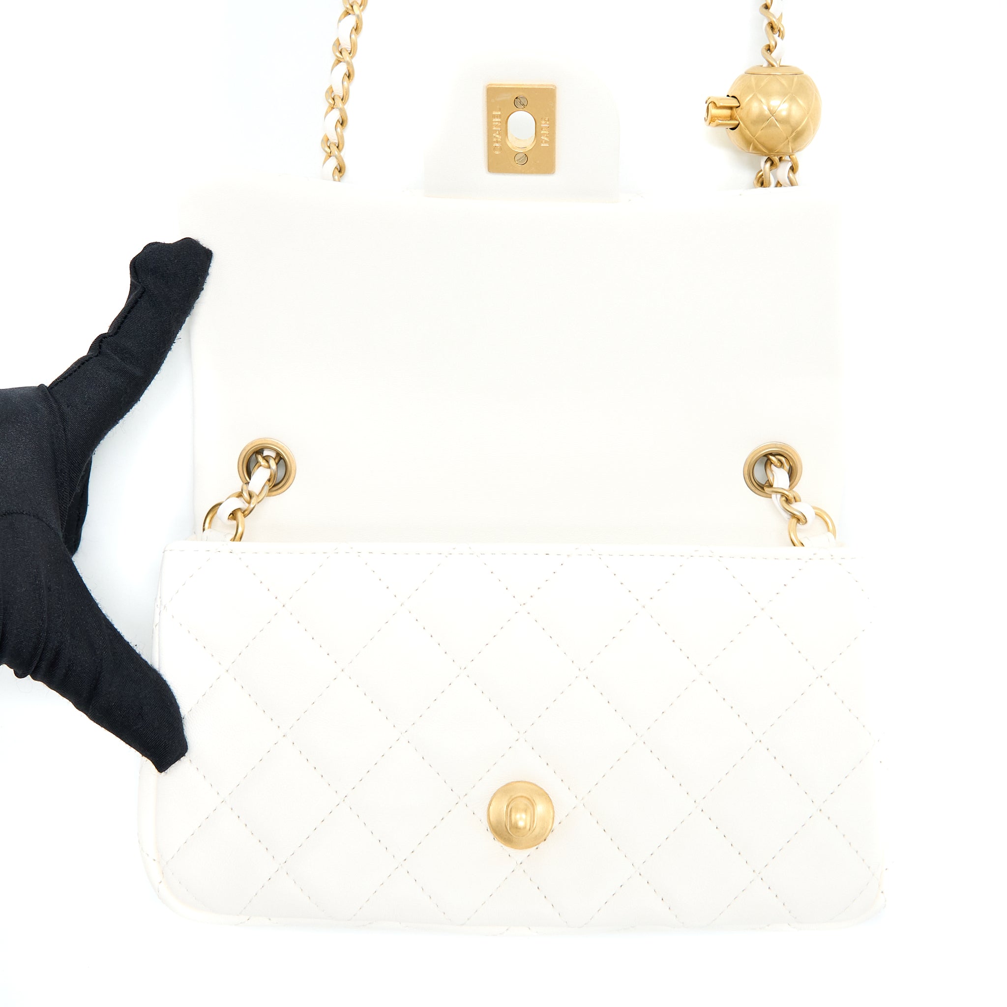 CHANEL PEARL CRUSH MINI RECTANGULAR LAMBSKIN WHITE GHW (MICROCHIP)