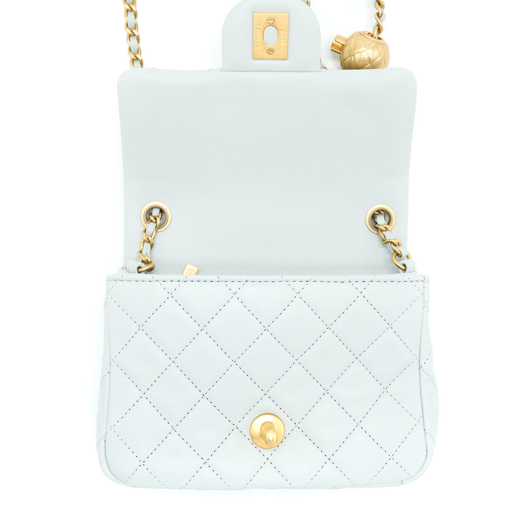 CHANEL 23C PEARL CRUSH MINI SQUARE LAMBSKIN LIGHT GREY GHW (MICROCHIP)