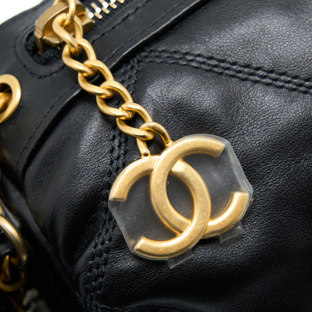 CHANEL MINI BOWLING BAG WITH CHAIN LAMBSKIN BLACK BRUSHED GHW (MICROCHIP)