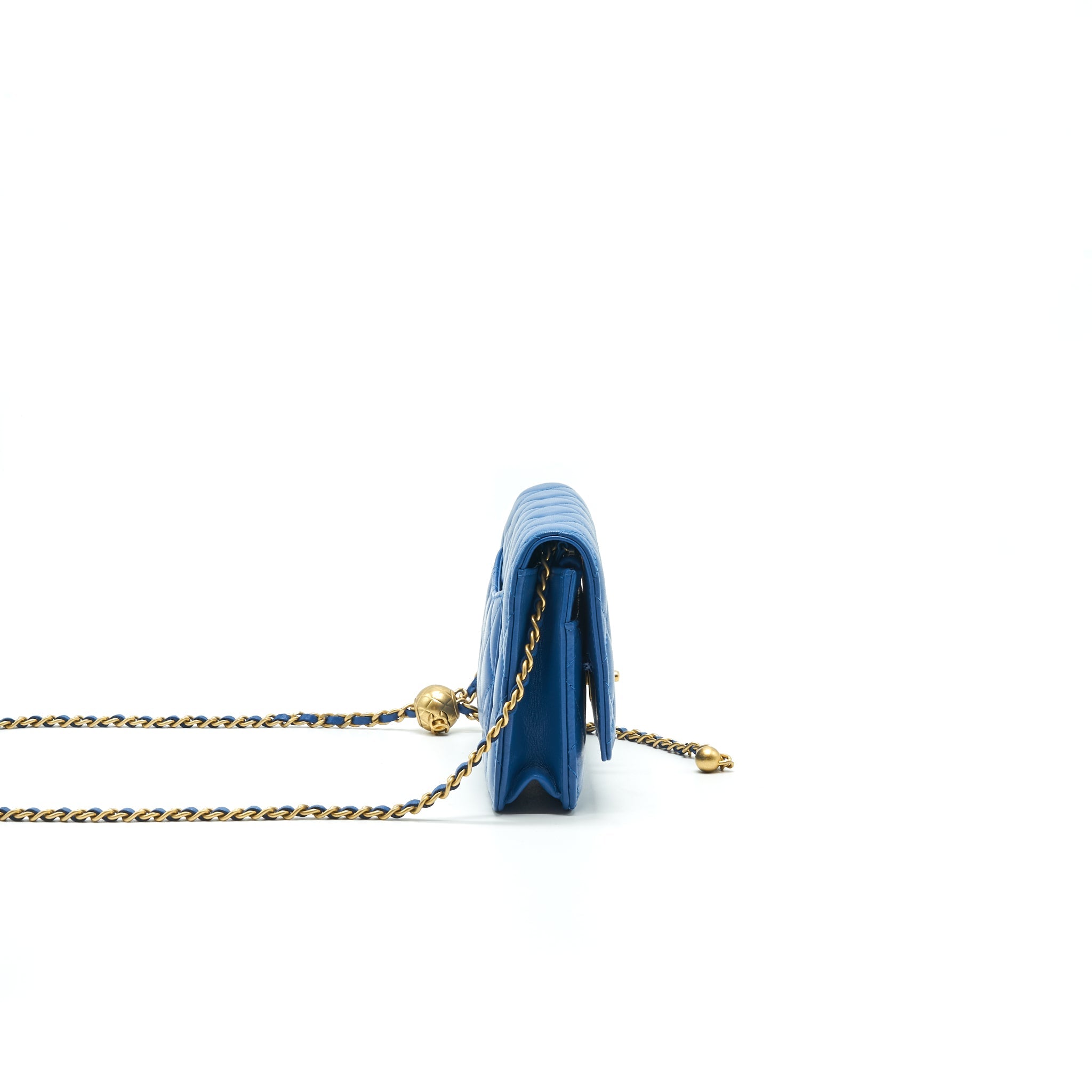 CHANEL LAMBSKIN QUILTED CC PEARL CRUSH WALLET ON CHAIN BLUE WITH GHW