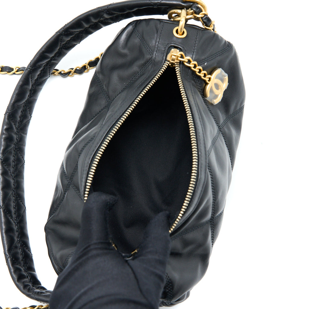 CHANEL MINI BOWLING BAG WITH CHAIN LAMBSKIN BLACK BRUSHED GHW (MICROCHIP)