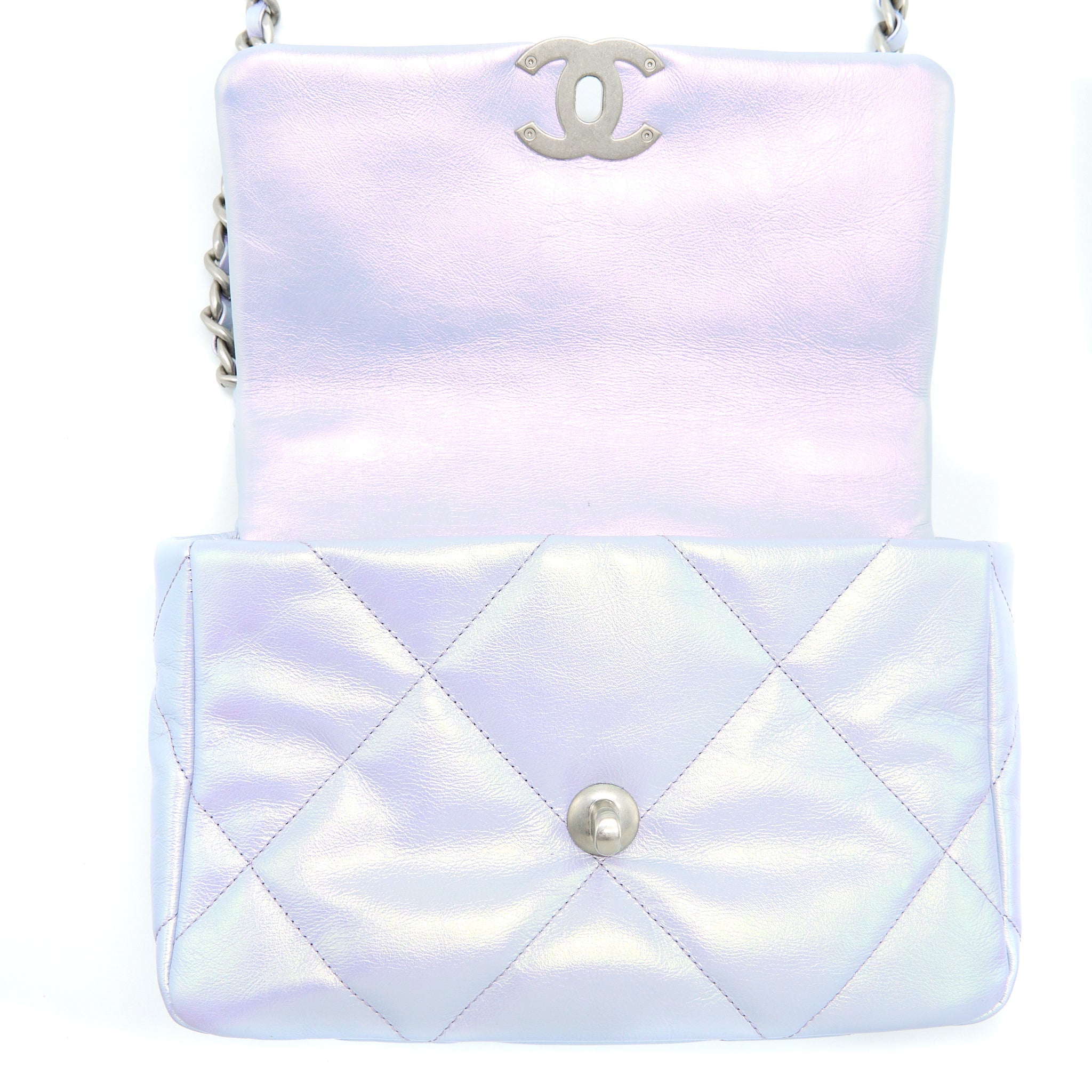 CHANEL SMALL 19 BAG GOATSKIN IRIDESCENT PURPLE MULTICOLOUR HARDWARE (MICROCHIP)