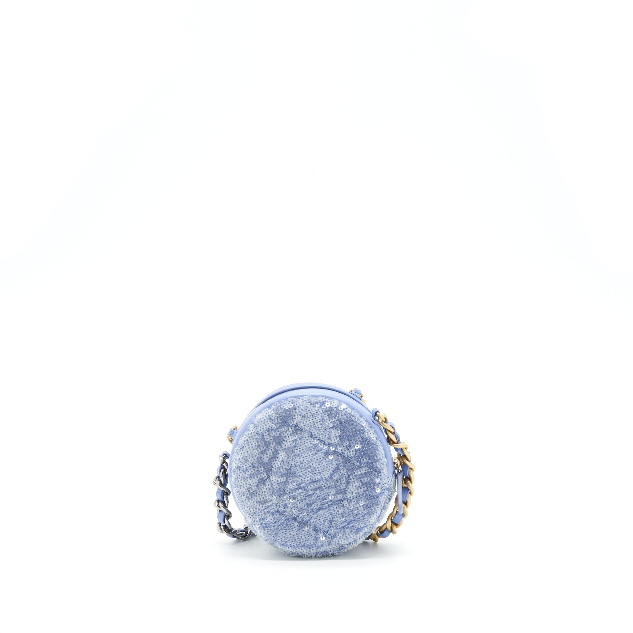 CHANEL 19 ROUND CLUTCH WITH CHAINS SEQUINS LIGHT BLUE MULTICOLOUR HARDWARE