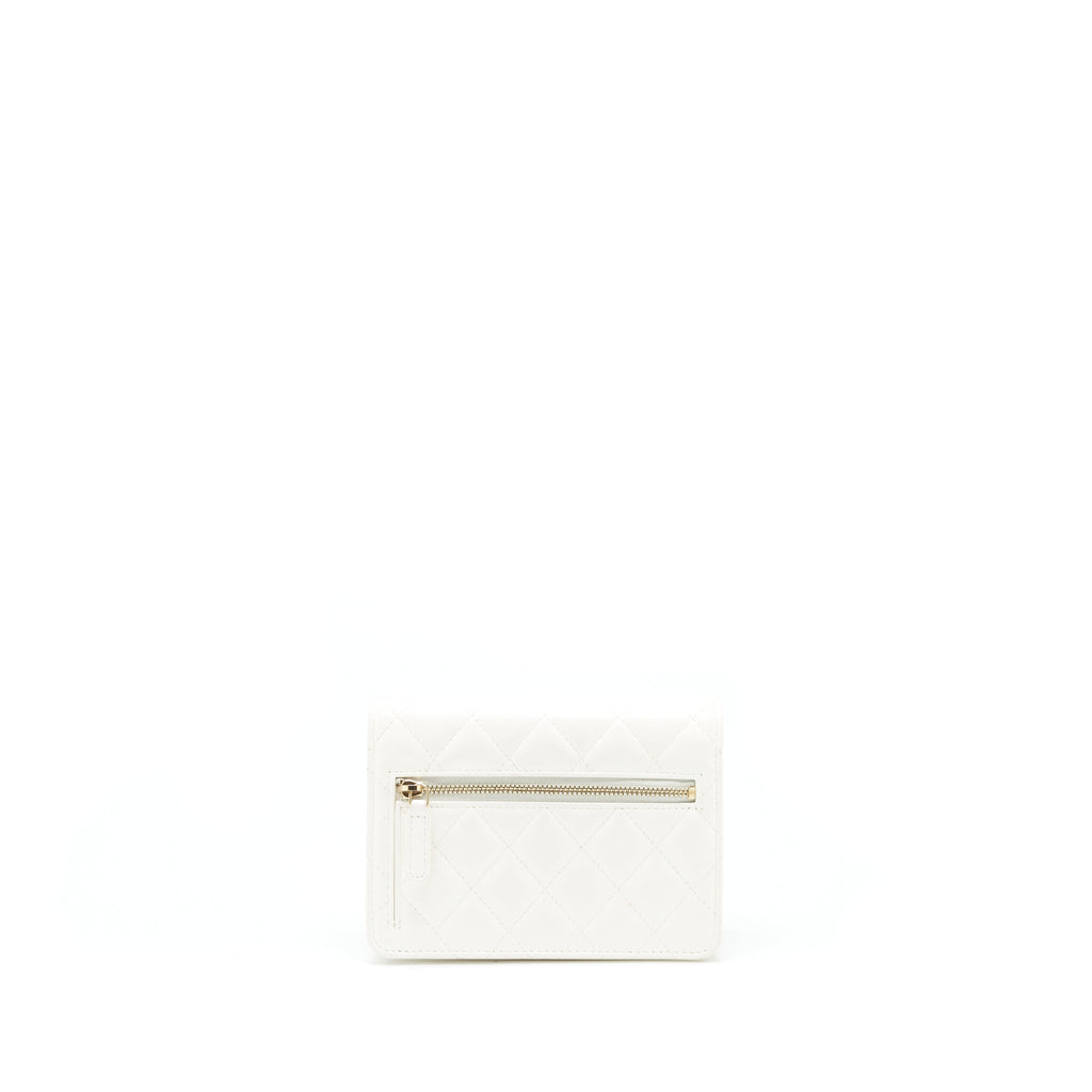 CHANEL RUFFLES MINI WALLET ON CHAINS WHITE GHW