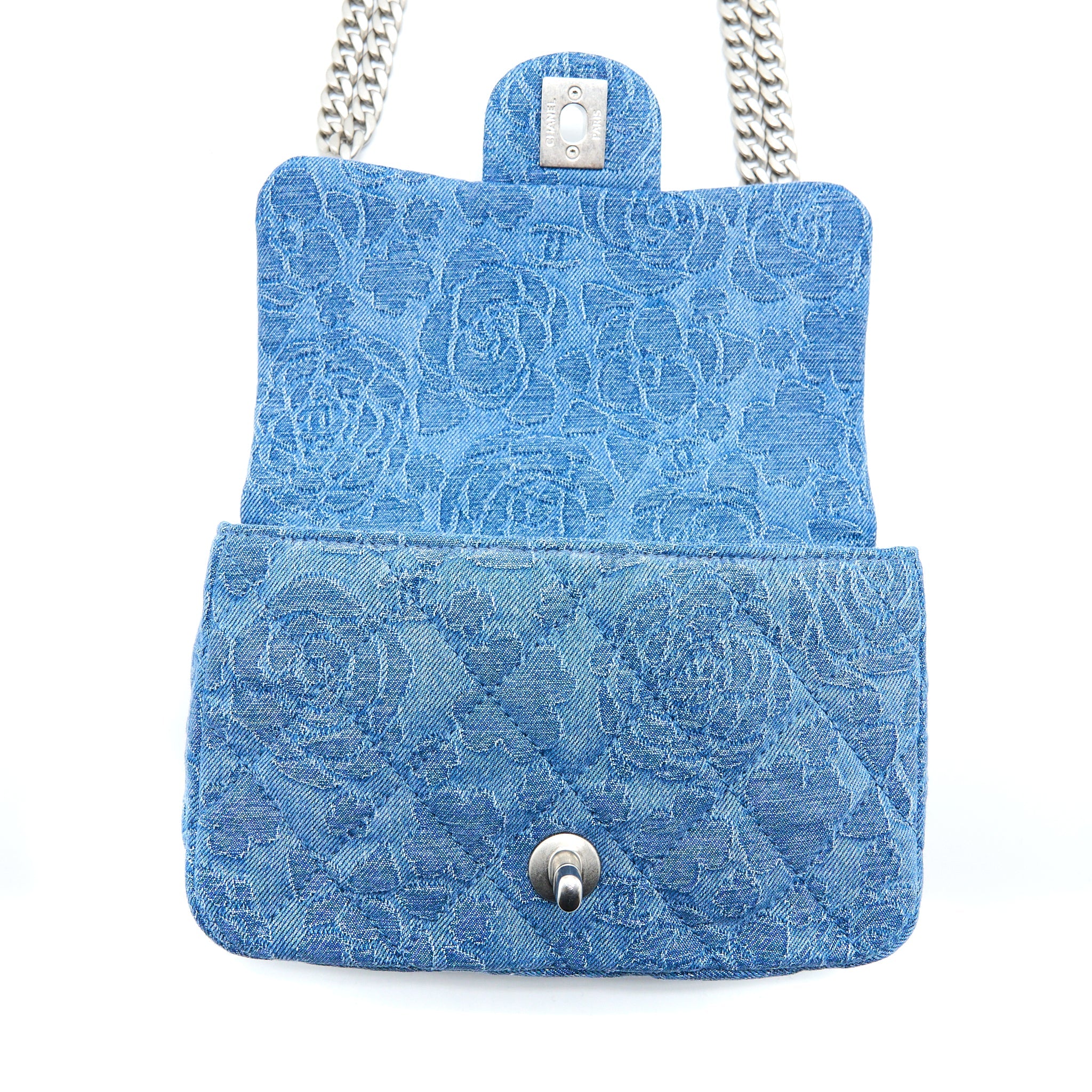 CHANEL 23P MINI COCO LOVE FLAP BAG CAMELLIA DENIM BLUE SHW (MICROCHIP)