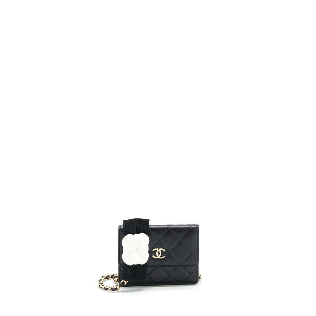 CHANEL MINI FLAP BAG WITH CAMELLIA CHAIN LAMBSKIN BLACK LGHW