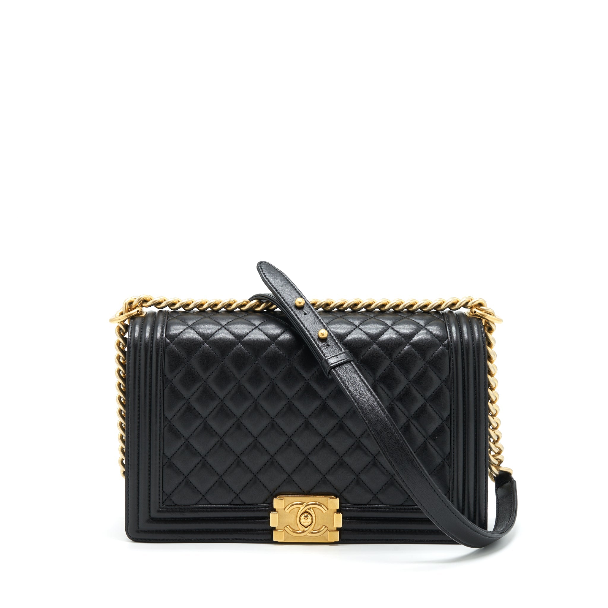 CHANEL BOY BAG NEW MEDIUM (28CM) LAMBSKIN BLACK RUTHENIUM GHW