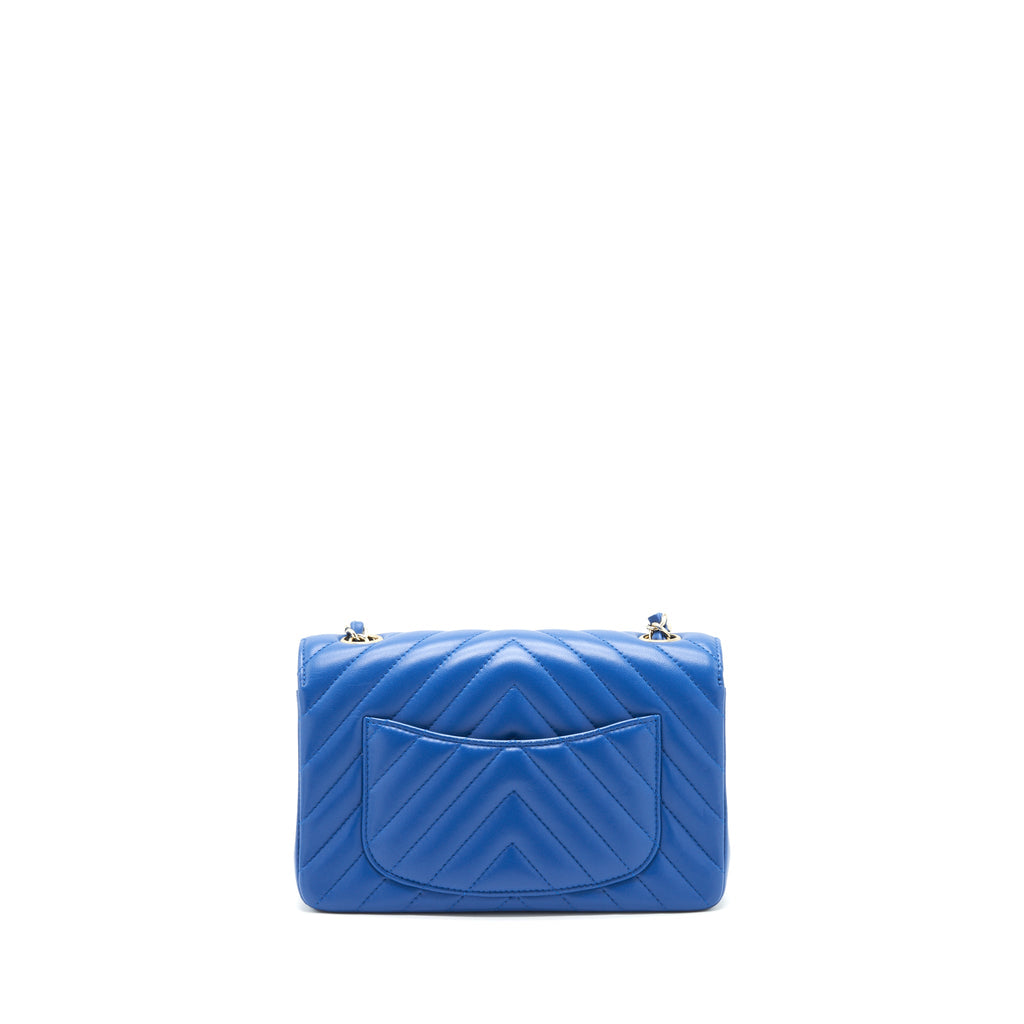 CHANEL MINI RECTANGULAR FLAP BAG CHEVRON LAMBSKIN BLUE LGHW