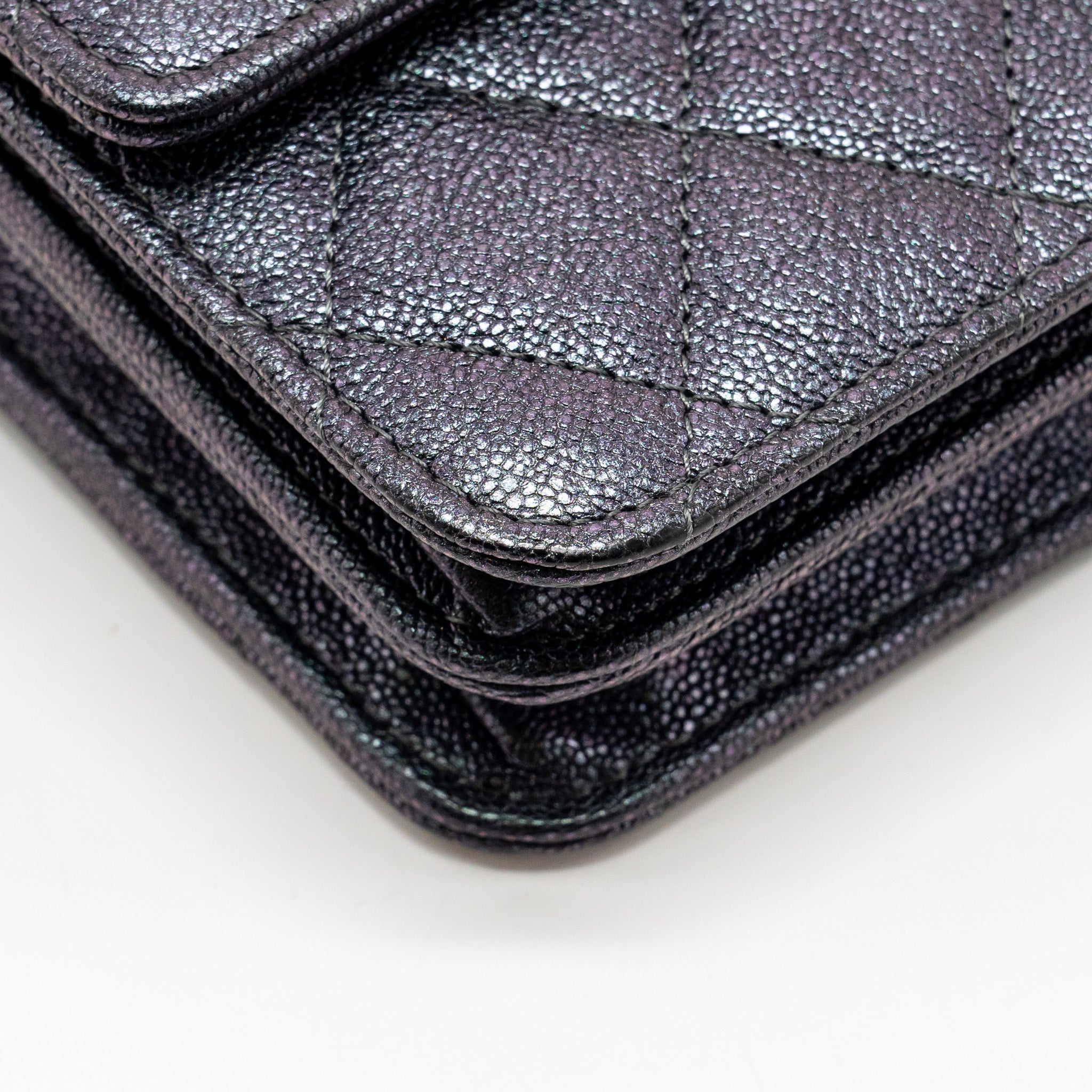 CHANEL QUILTED SQUARE WALLET WITH CHAIN CAVIAR IRIDESCENT BLACK LGHW