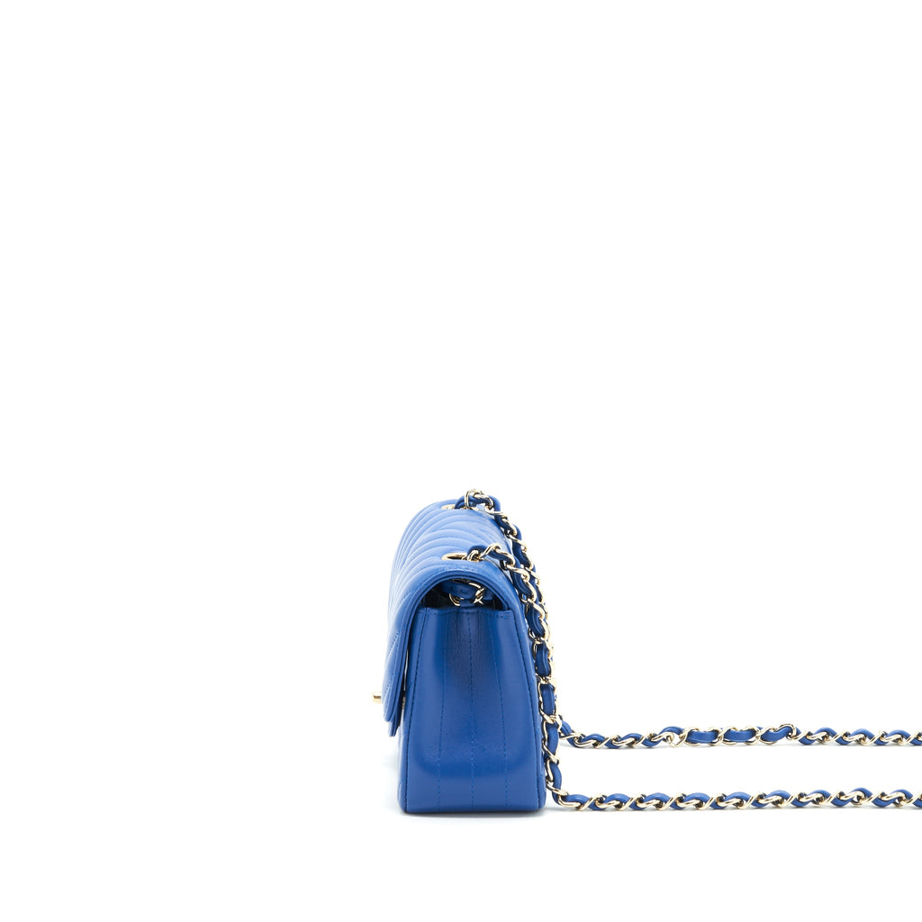 CHANEL MINI RECTANGULAR FLAP BAG CHEVRON LAMBSKIN BLUE LGHW