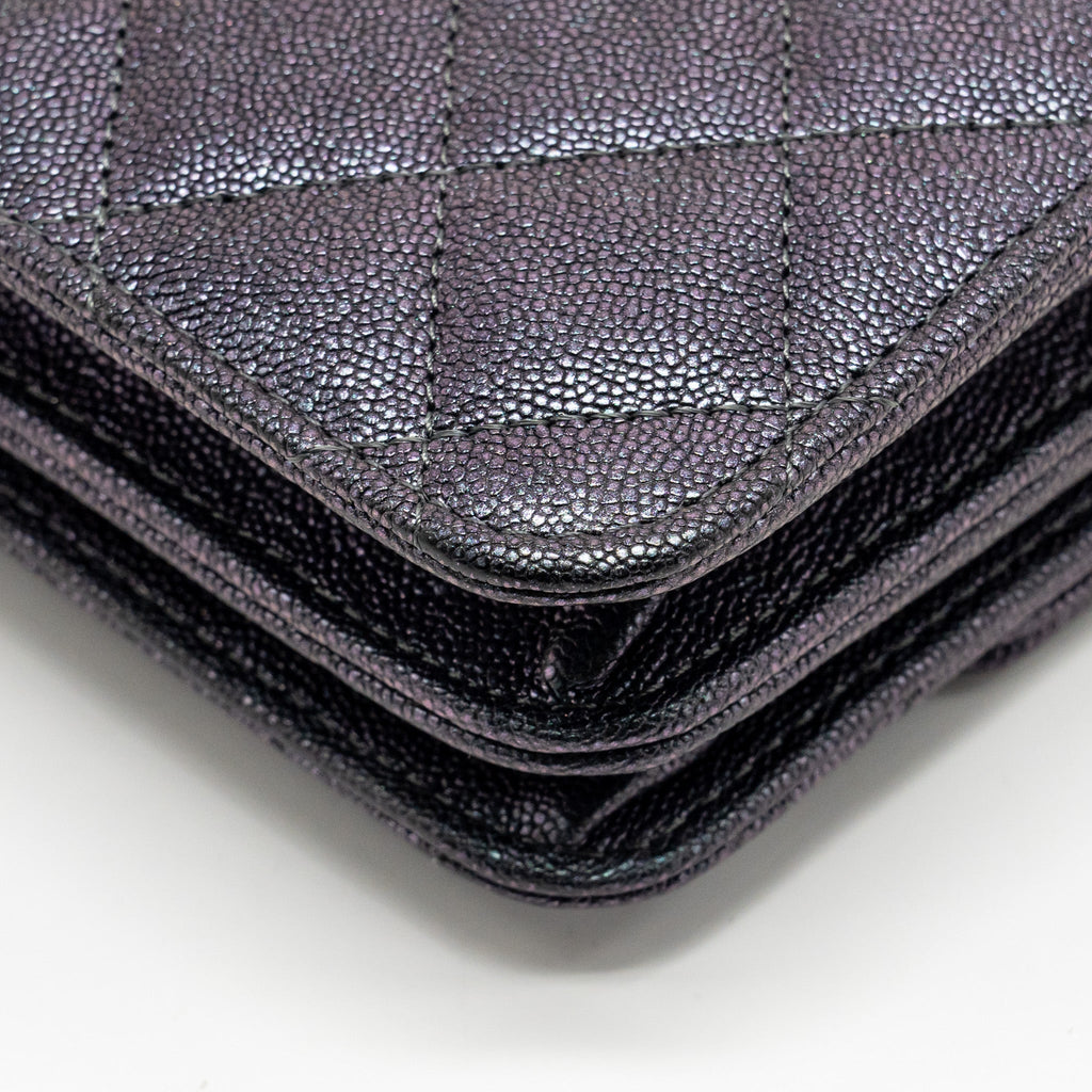 CHANEL QUILTED SQUARE WALLET WITH CHAIN CAVIAR IRIDESCENT BLACK LGHW