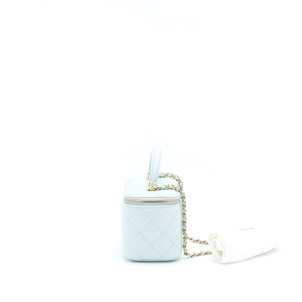 CHANEL 21K RECTANGULAR TOP HANDLE VANITY WITH CHAIN BABY BLUE LGHW