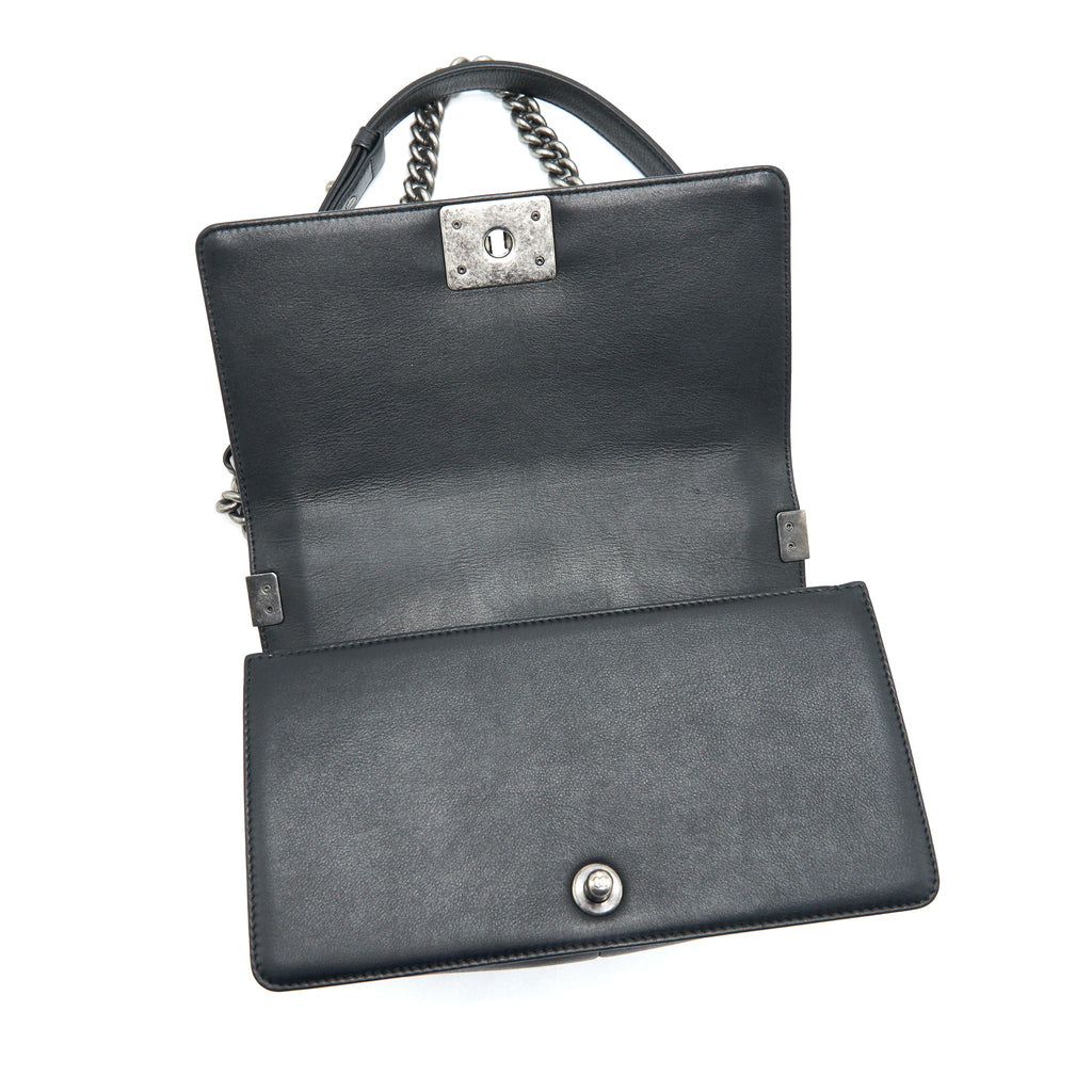 CHANEL OLD MEDIUM LEBOY BAG BLACK RUTHENIUM HARDWARE CALFSKIN