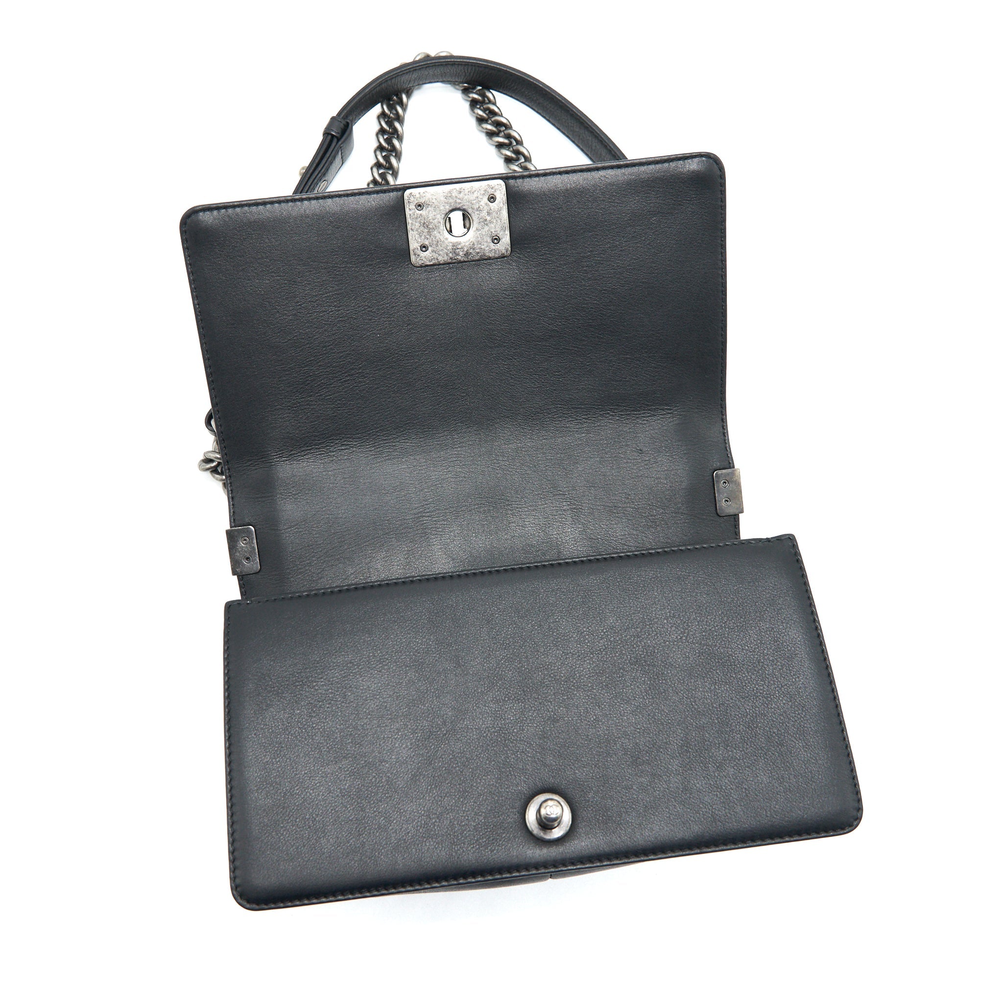 CHANEL OLD MEDIUM LEBOY BAG BLACK RUTHENIUM HARDWARE CALFSKIN
