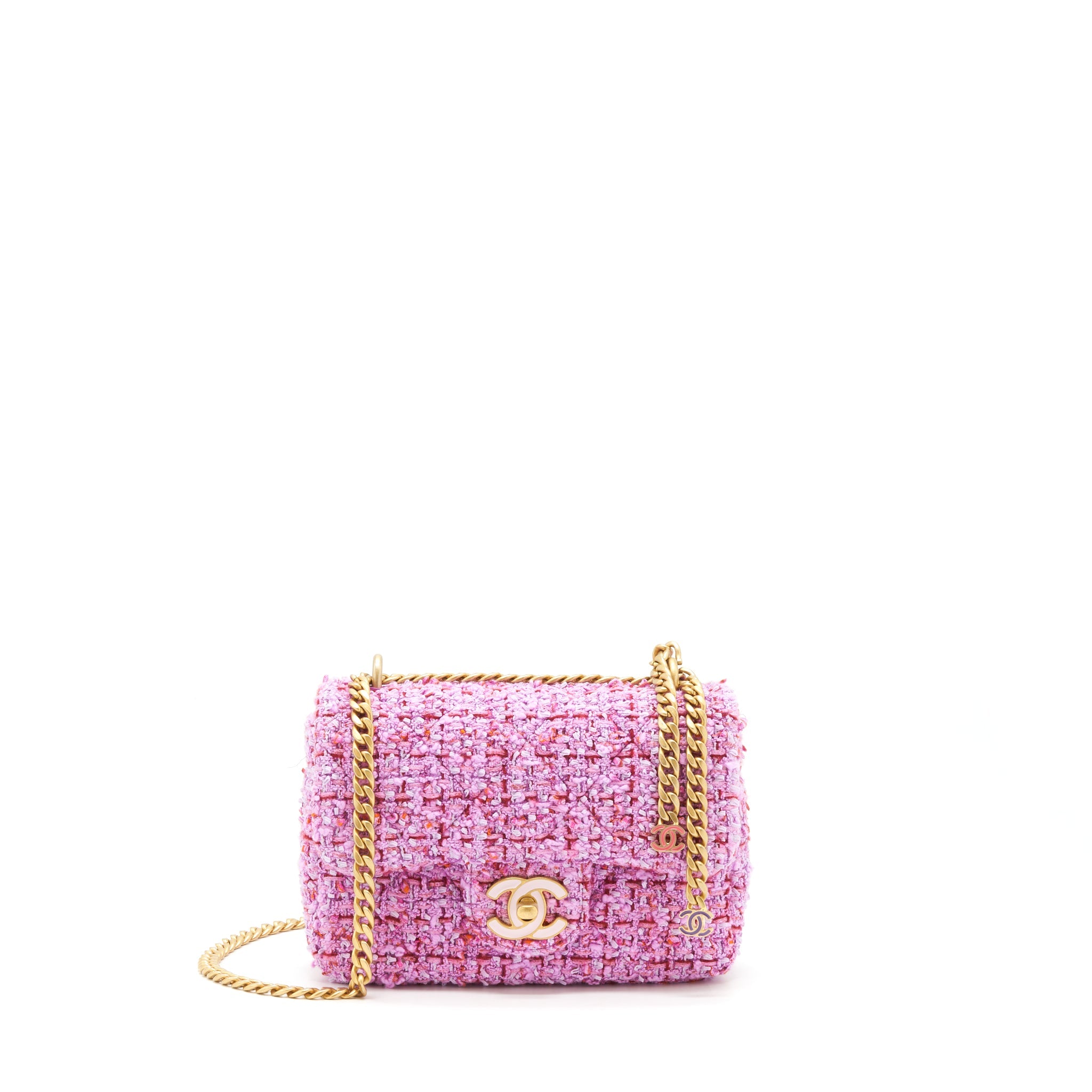 CHANEL 22P MINI SQUARE FLAP BAG TWEED PINK GOLD/PINK HARDWARE