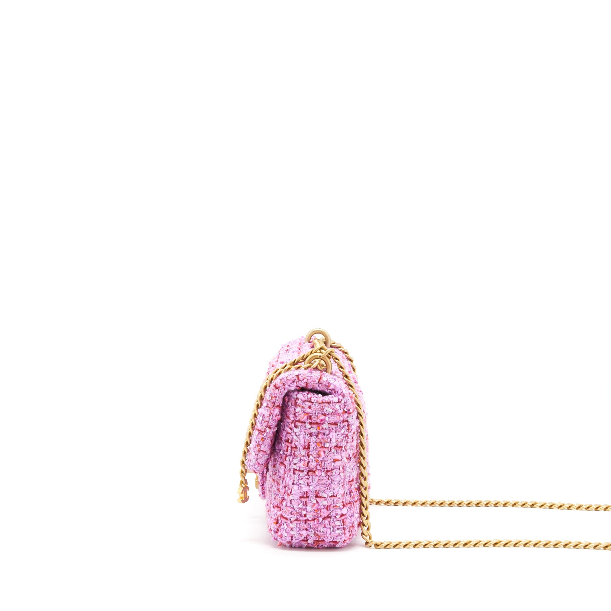 CHANEL 22P MINI SQUARE FLAP BAG TWEED PINK GOLD/PINK HARDWARE