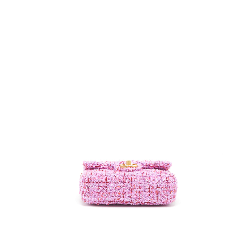 CHANEL 22P MINI SQUARE FLAP BAG TWEED PINK GOLD/PINK HARDWARE