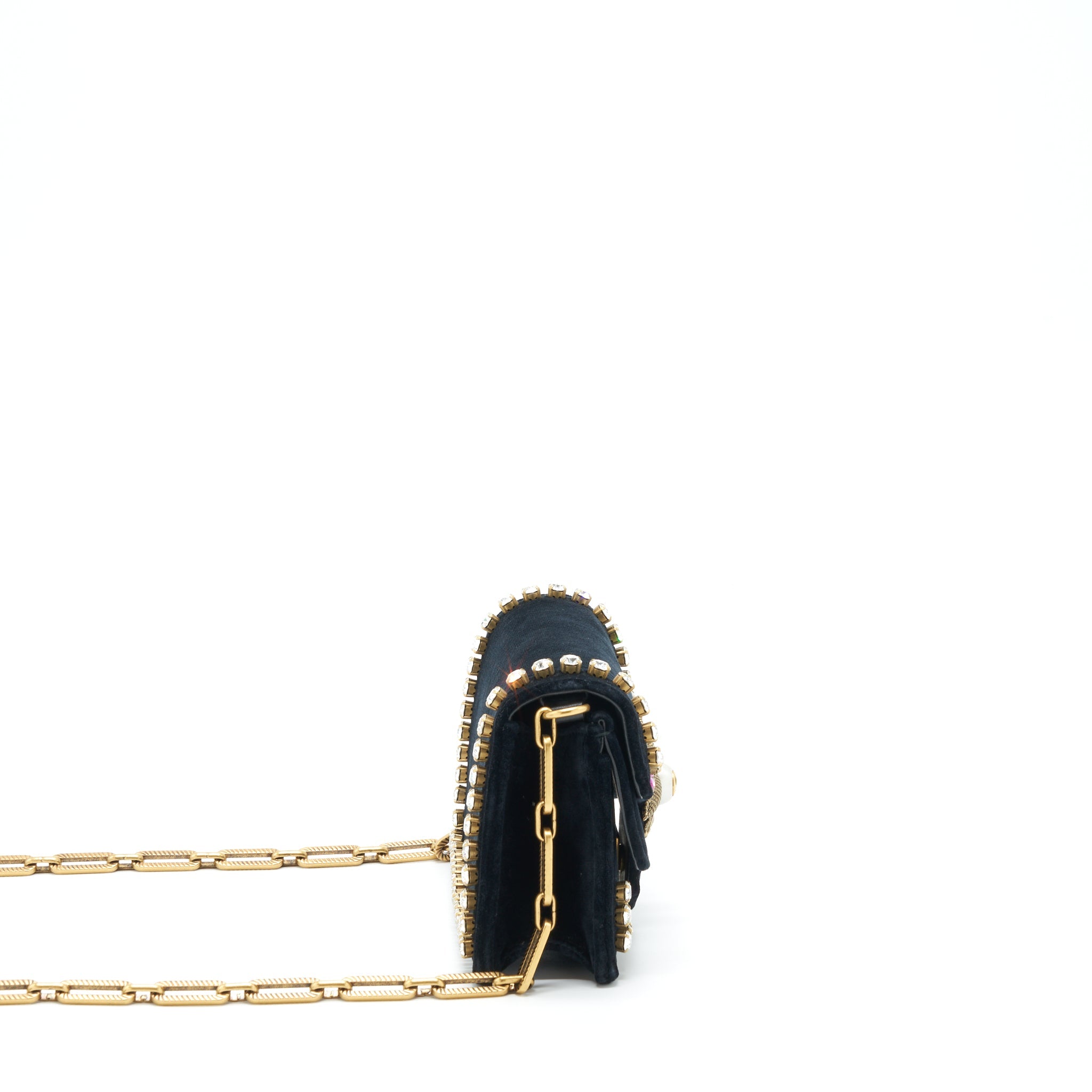 GUCCI MINI BROADWAY CROSSBODY BAG CRYSTAL VELVET BLACK RUTHENIUM GOLD HARDWARE