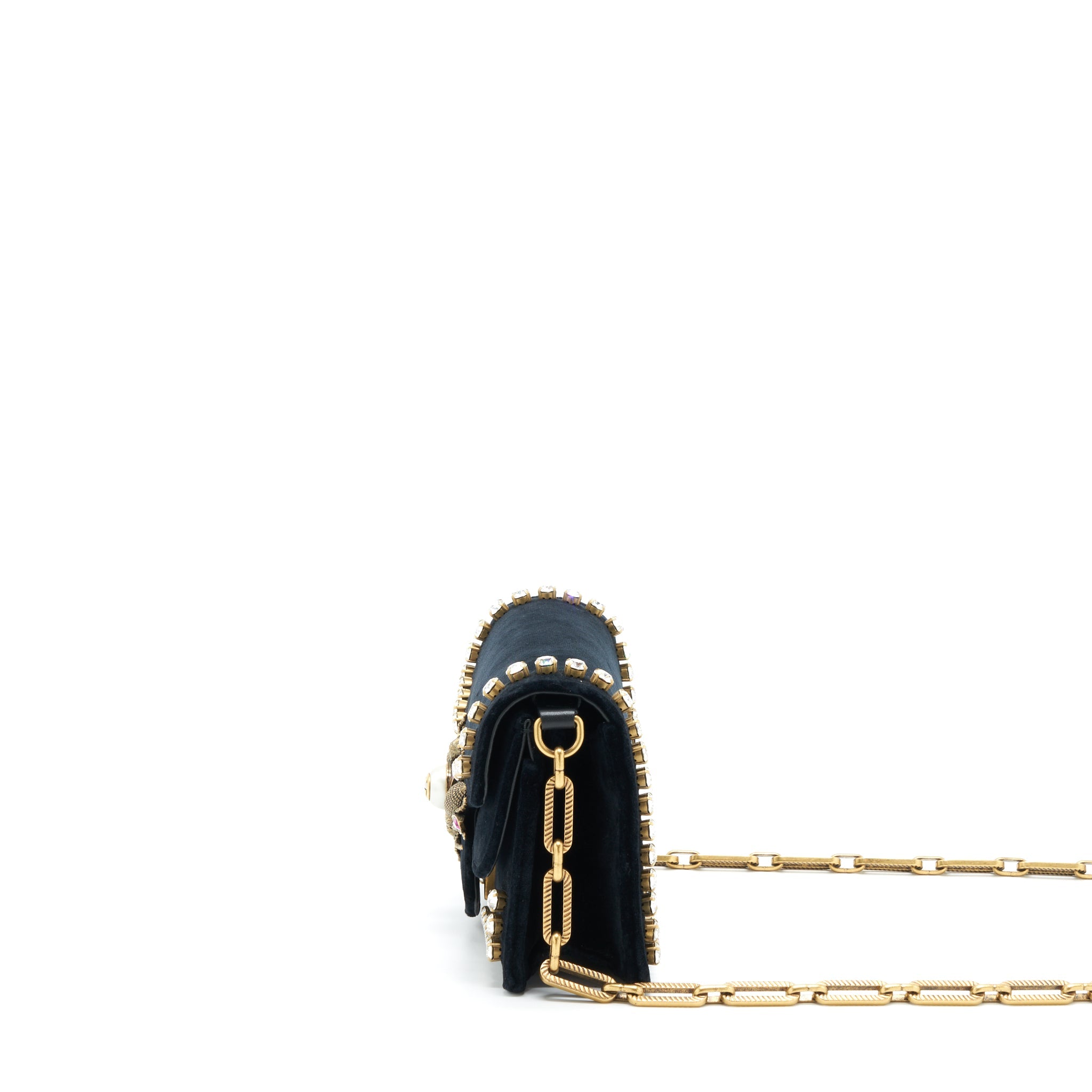GUCCI MINI BROADWAY CROSSBODY BAG CRYSTAL VELVET BLACK RUTHENIUM GOLD HARDWARE