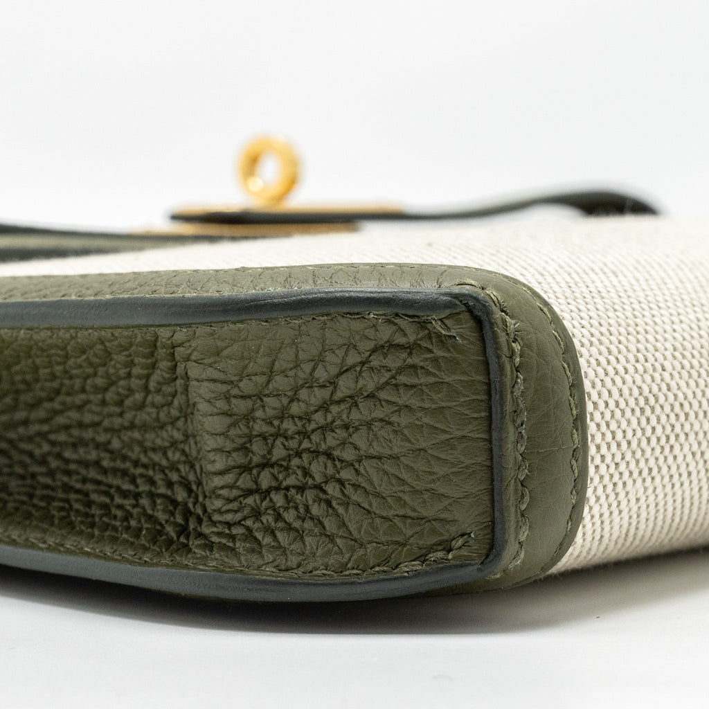 HERMES POCHETTE KELLY DEPECHES 25 CANVAS / TOGO ECRU BEIGE / VERT OLIVE GHW