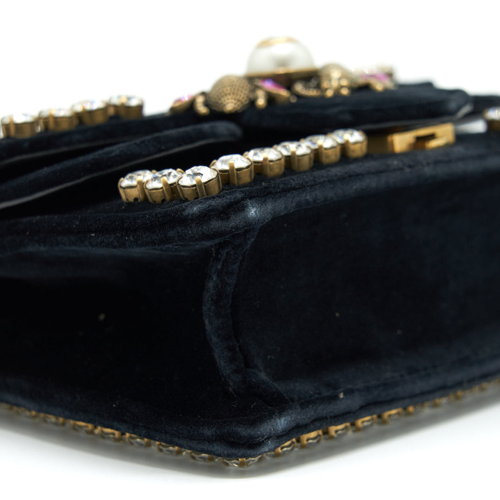 GUCCI MINI BROADWAY CROSSBODY BAG CRYSTAL VELVET BLACK RUTHENIUM GOLD HARDWARE