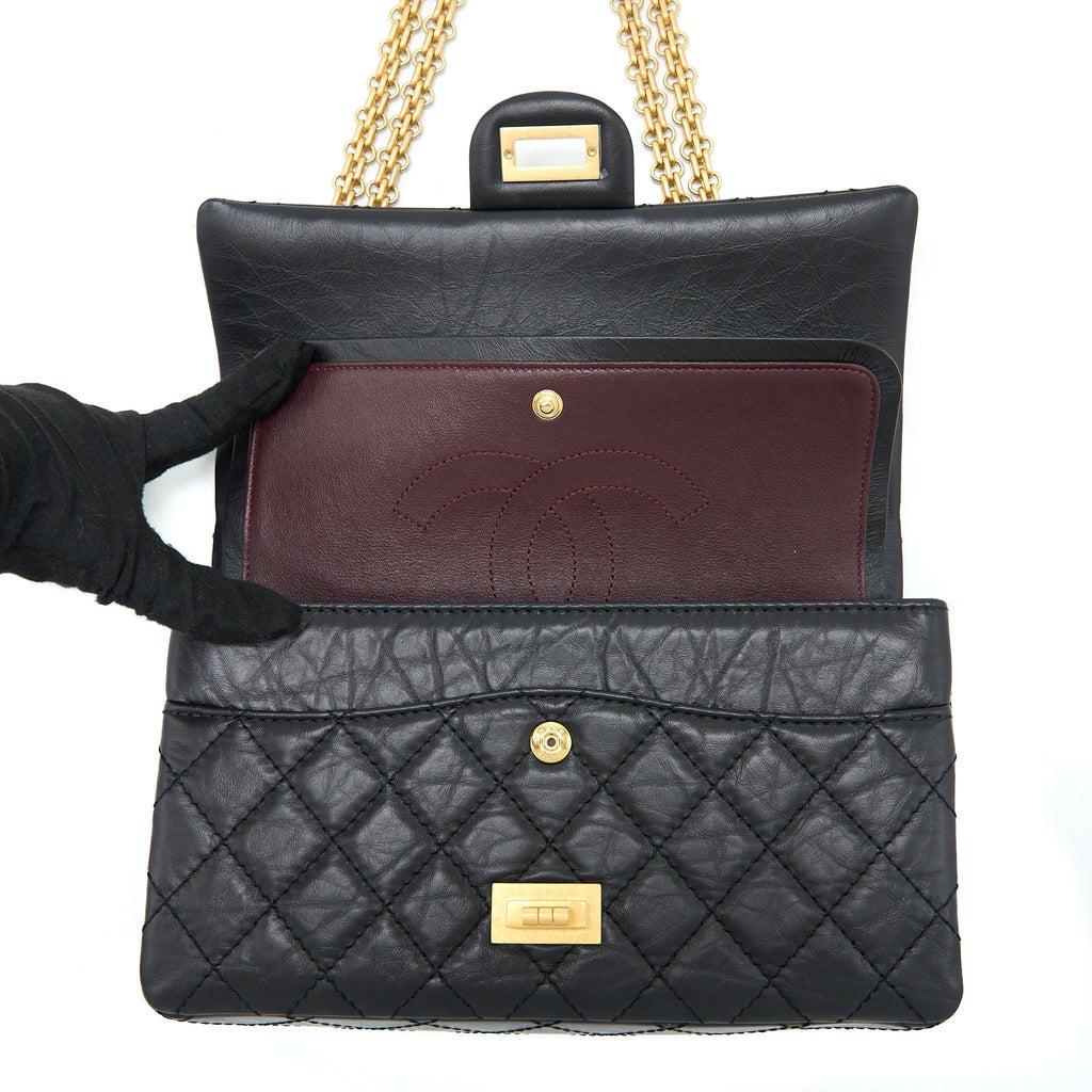 CHANEL SMALL 2.55 REISSUE FLAP BAG AGED CALFSKIN BLACK BRUSHED GHW (MICROCHIP)