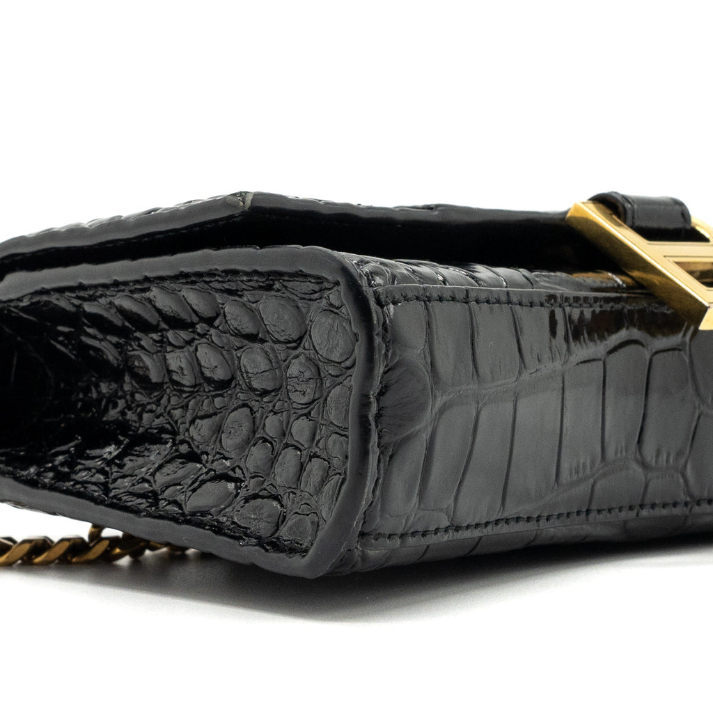 BALENCIAGA HOURGLASS WALLET ON CHAIN CROC EMBOSSED CALFSKIN BLACK GHW