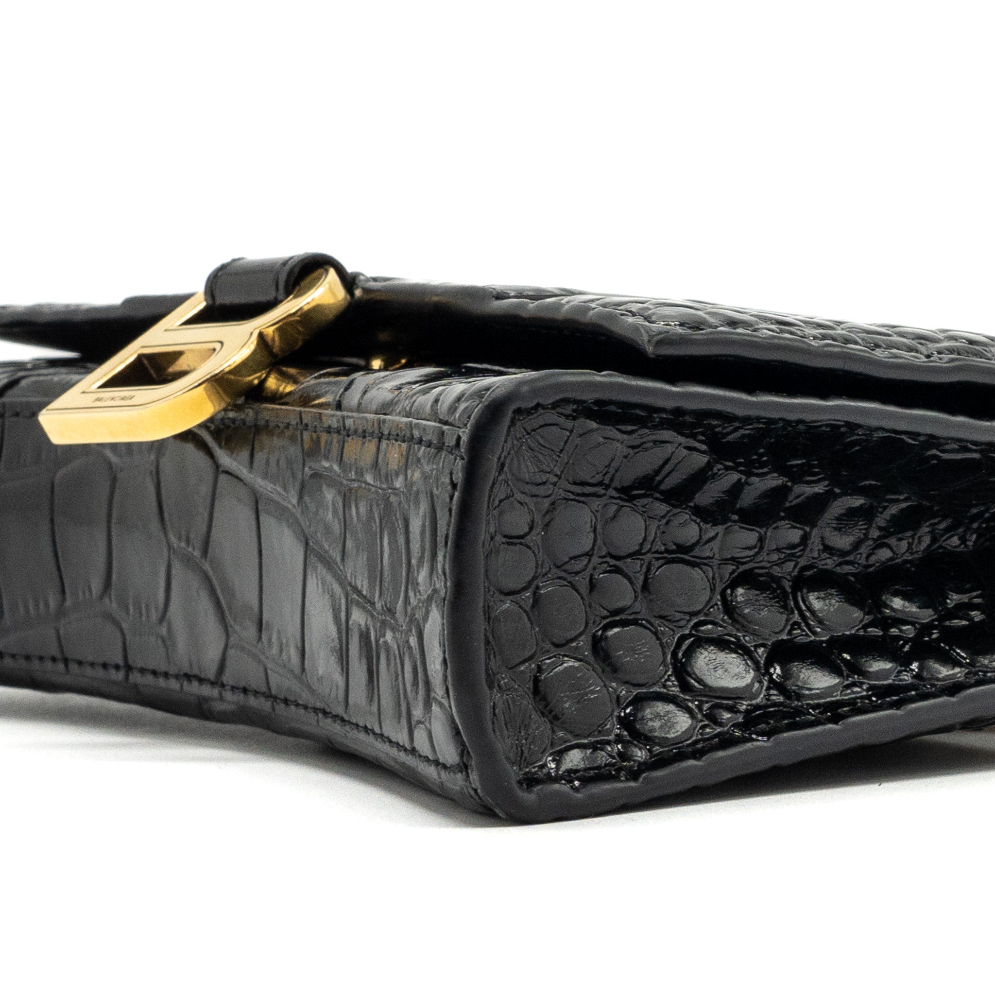 BALENCIAGA HOURGLASS WALLET ON CHAIN CROC EMBOSSED CALFSKIN BLACK GHW