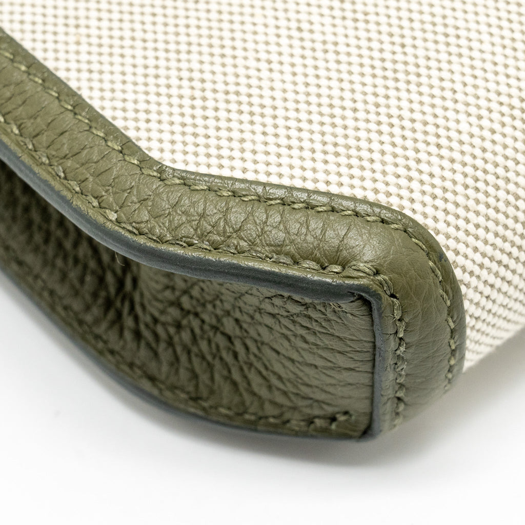 HERMES POCHETTE KELLY DEPECHES 25 CANVAS / TOGO ECRU BEIGE / VERT OLIVE GHW