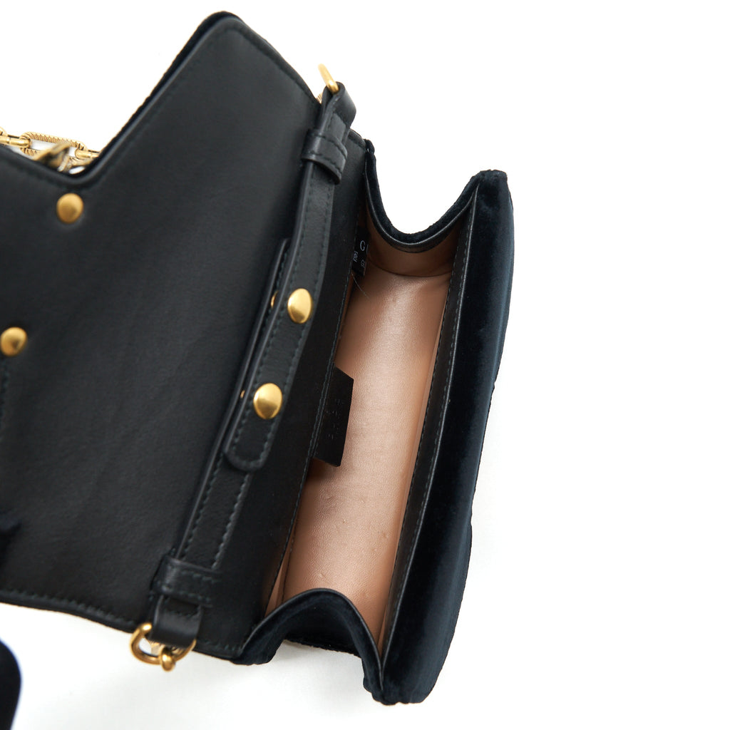GUCCI MINI BROADWAY CROSSBODY BAG CRYSTAL VELVET BLACK RUTHENIUM GOLD HARDWARE