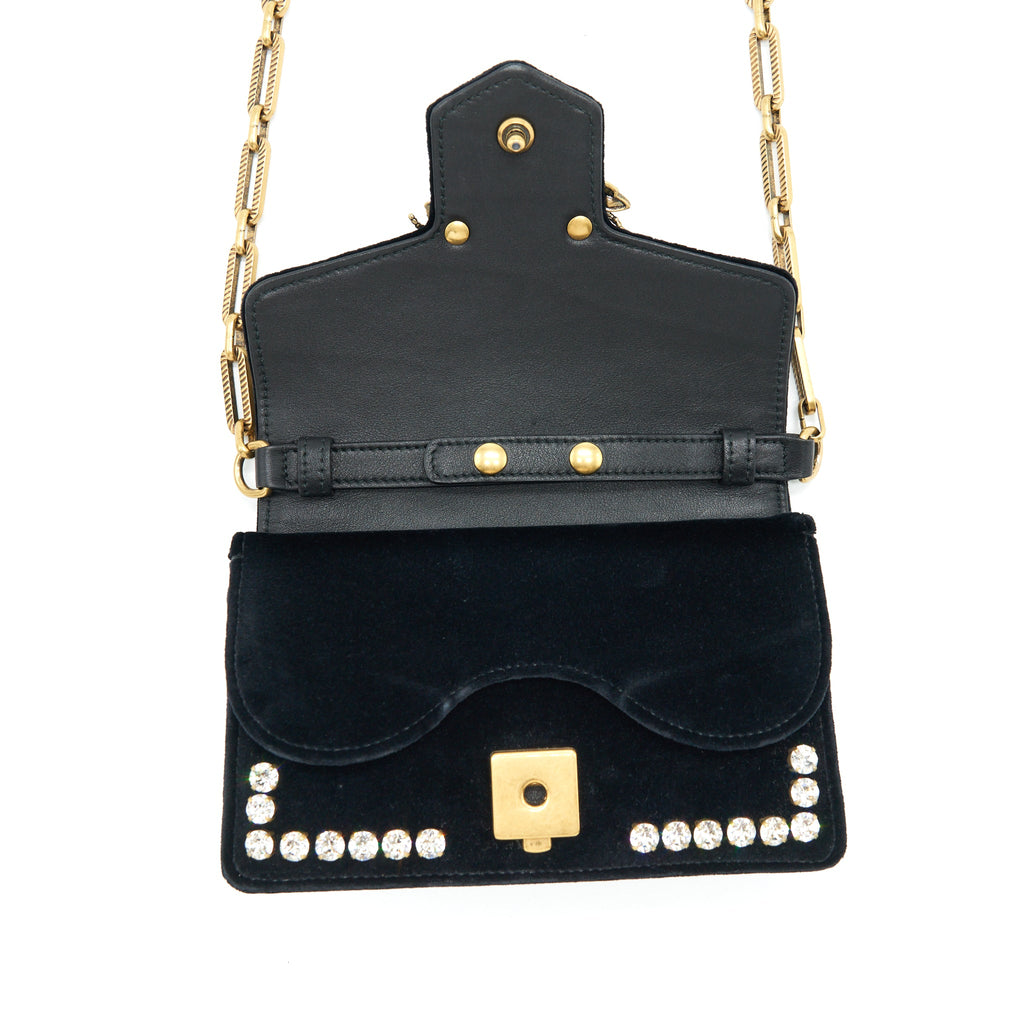GUCCI MINI BROADWAY CROSSBODY BAG CRYSTAL VELVET BLACK RUTHENIUM GOLD HARDWARE