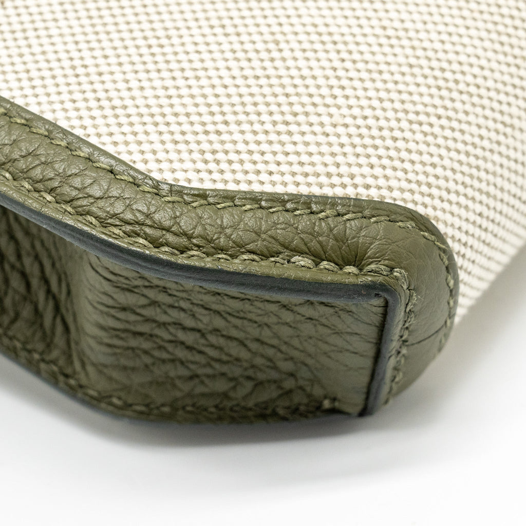 HERMES POCHETTE KELLY DEPECHES 25 CANVAS / TOGO ECRU BEIGE / VERT OLIVE GHW