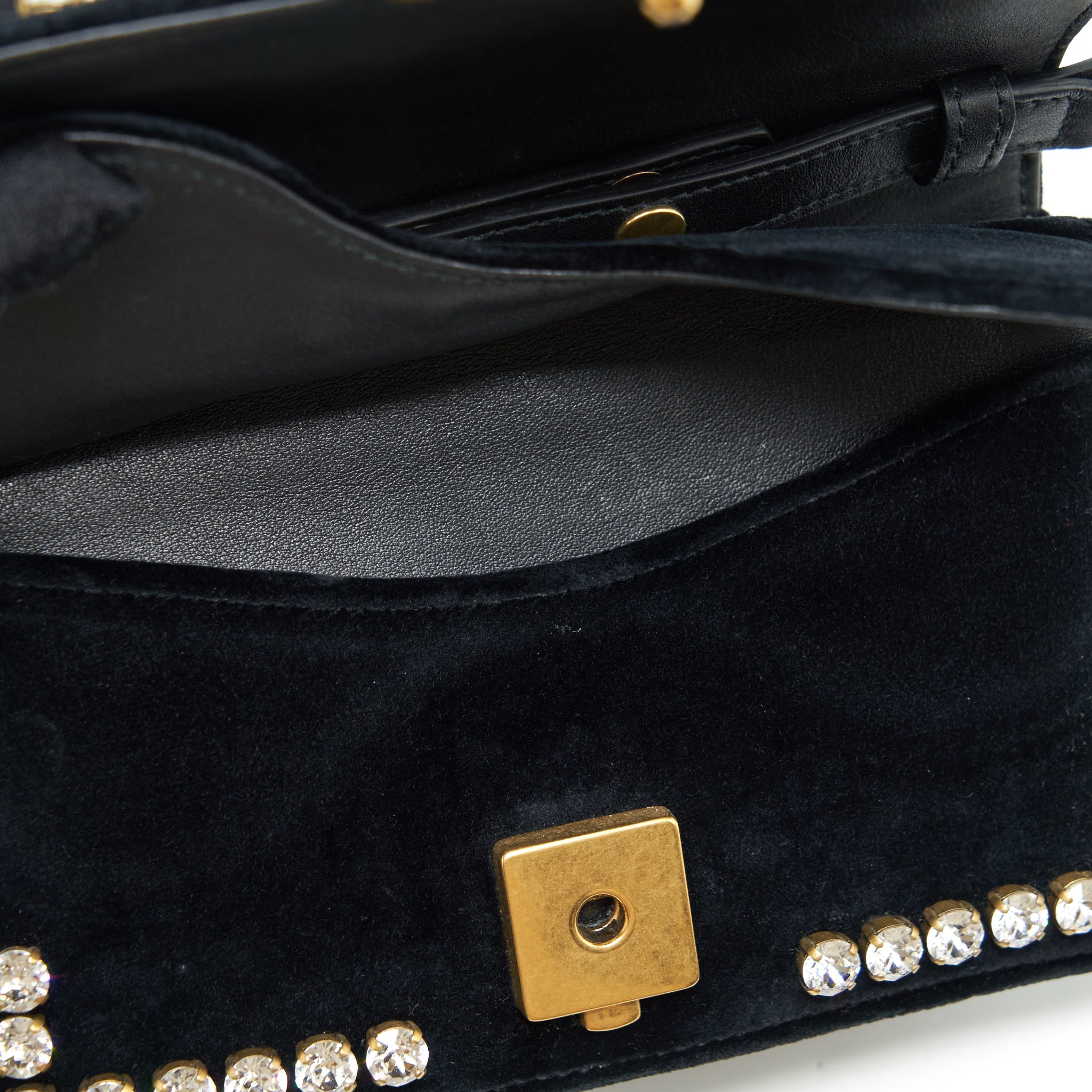 GUCCI MINI BROADWAY CROSSBODY BAG CRYSTAL VELVET BLACK RUTHENIUM GOLD HARDWARE