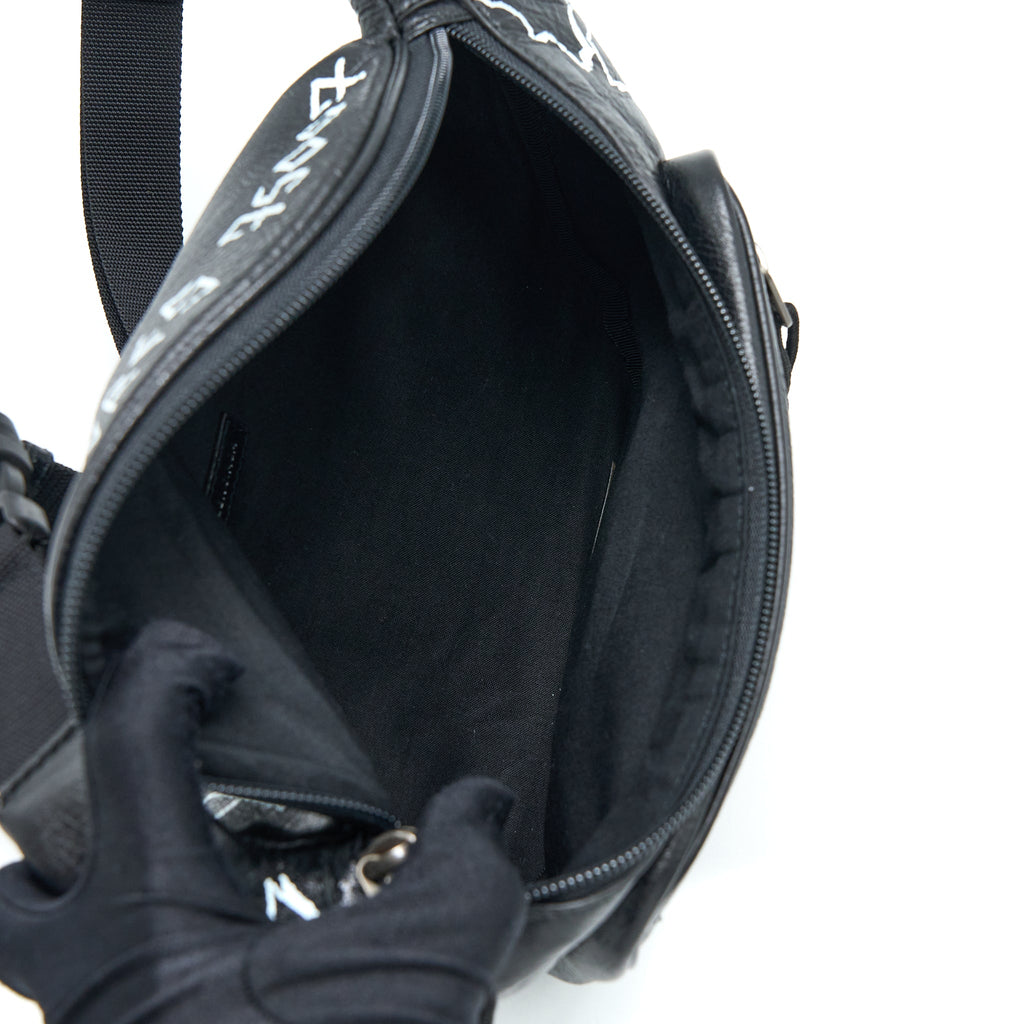 BALENCIAGA GRAFFITI WAIST BAG LEATHER BLACK RUTHENIUM HARDWARE