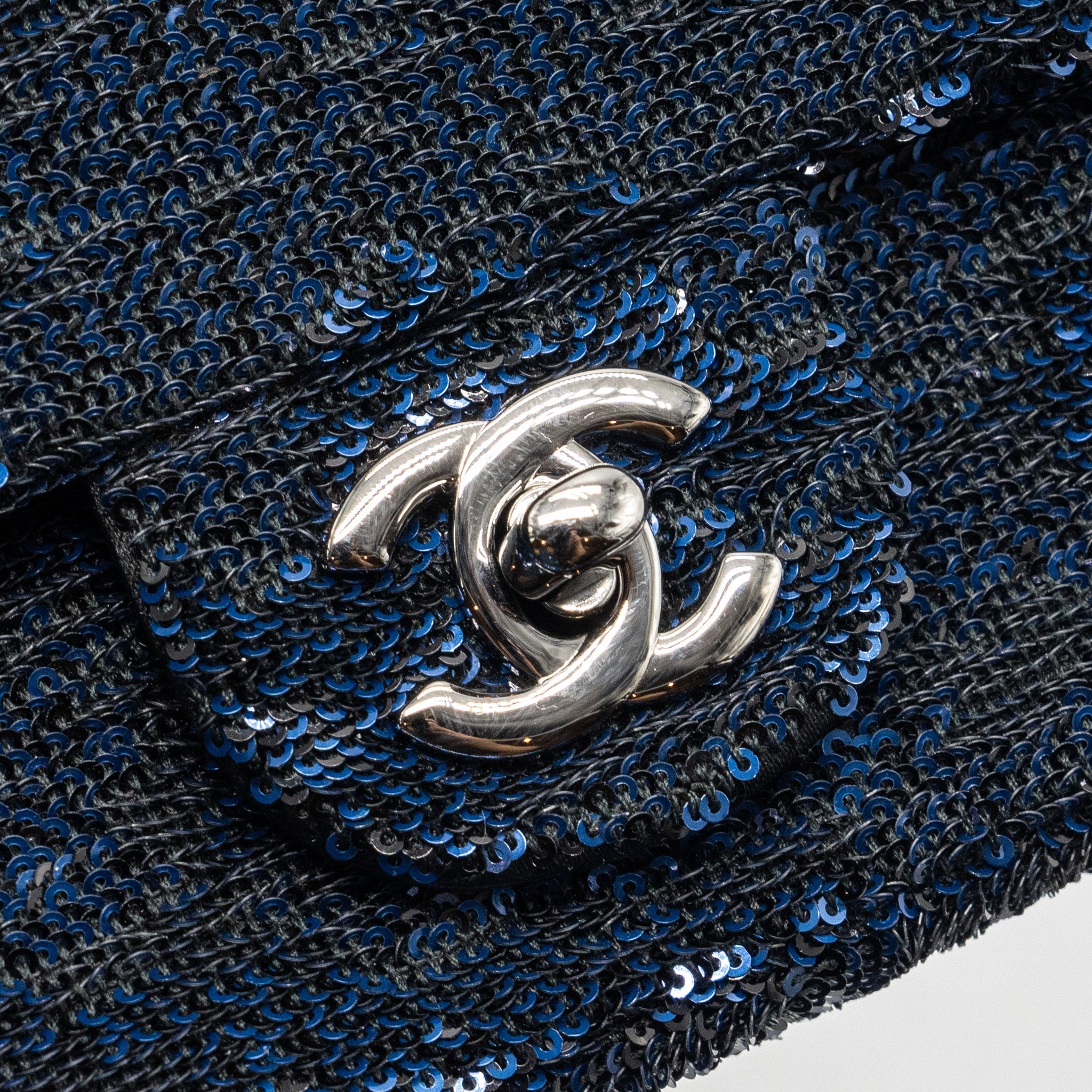 CHANEL SUPER MINI FLAP BAG SEQUIN DARK BLUE / BLACK SHW
