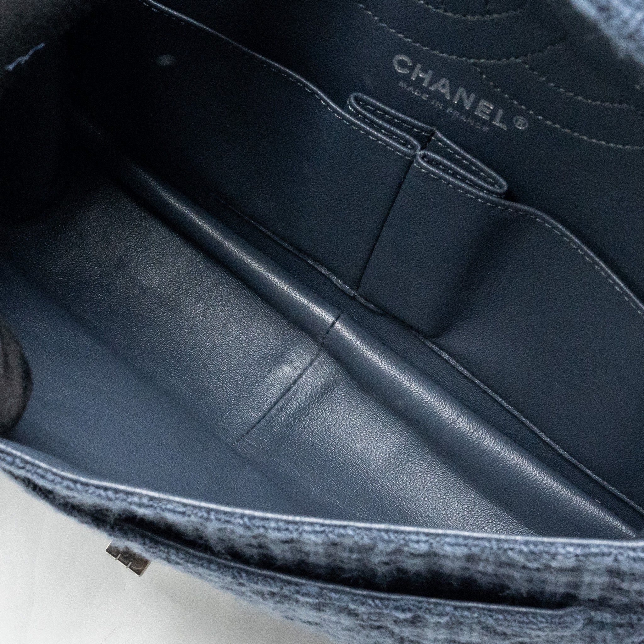 CHANEL 2.55 226 REISSUE DOUBLE FLAP BAG TWEED DARK GREY / BLUE RUTHENIUM HARDWARE