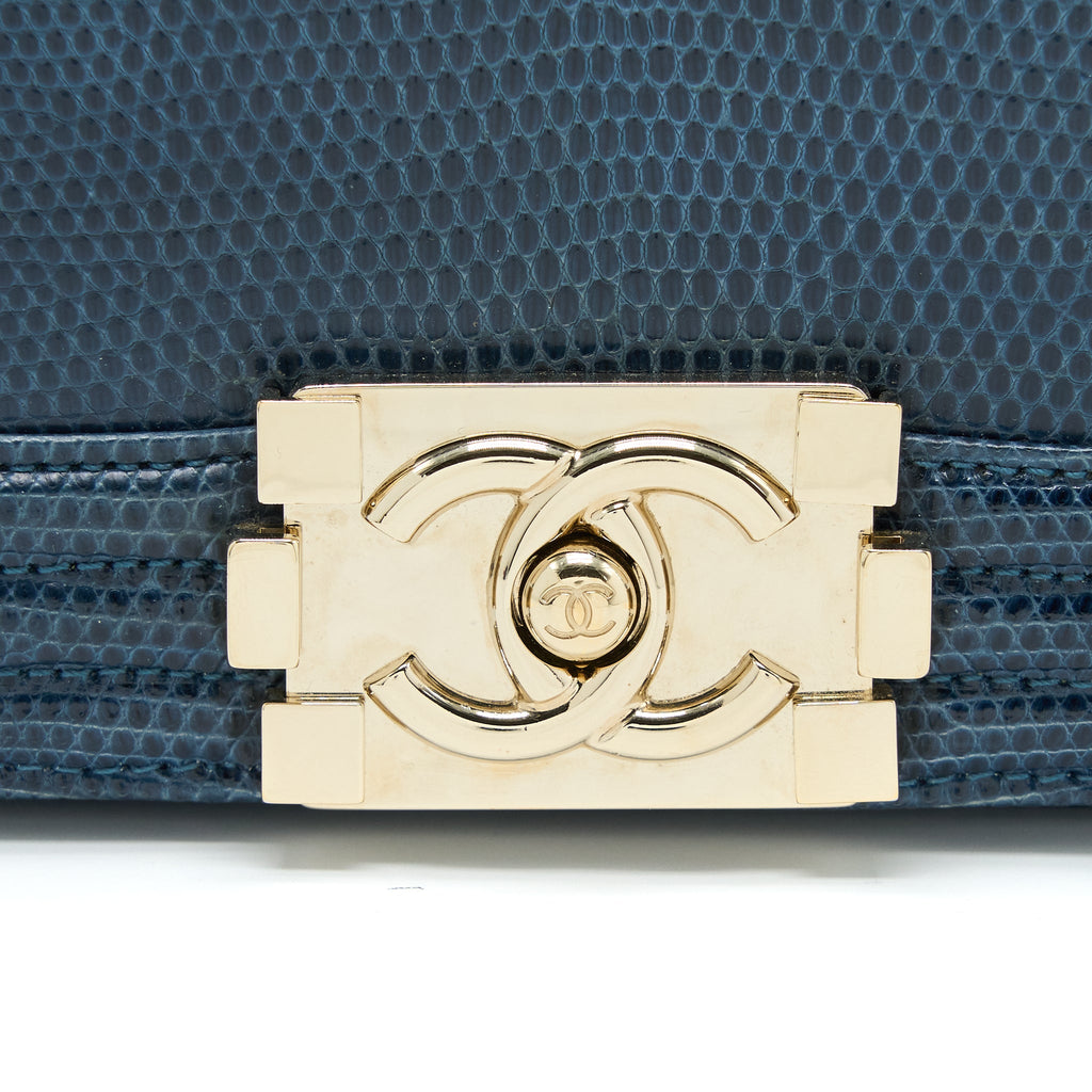 CHANEL SMALL BOY BAG LIZARD DARK BLUE LGHW