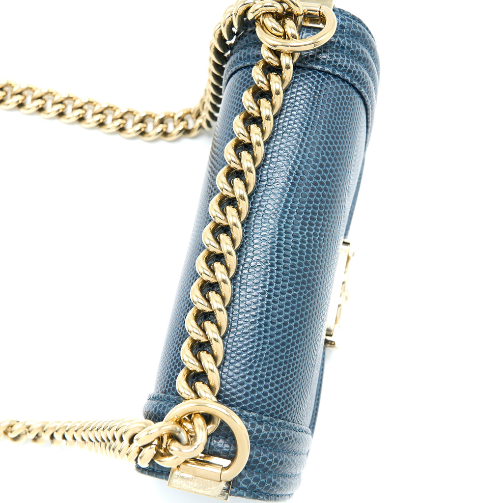 CHANEL SMALL BOY BAG LIZARD DARK BLUE LGHW