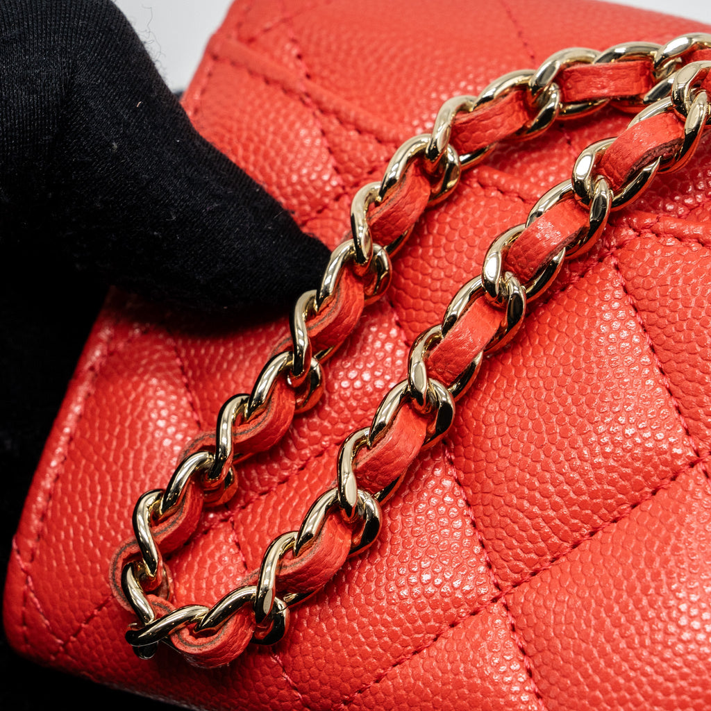 CHANEL FLAP CARD HOLDER WITH CHAIN ON ONE SIDE CAVIAR CORAL PINK LGHW