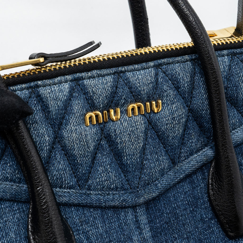 MIUMIU SMALL BIKER TOP HANDLE SATCHEL DENIM NAVY BLUE GHW