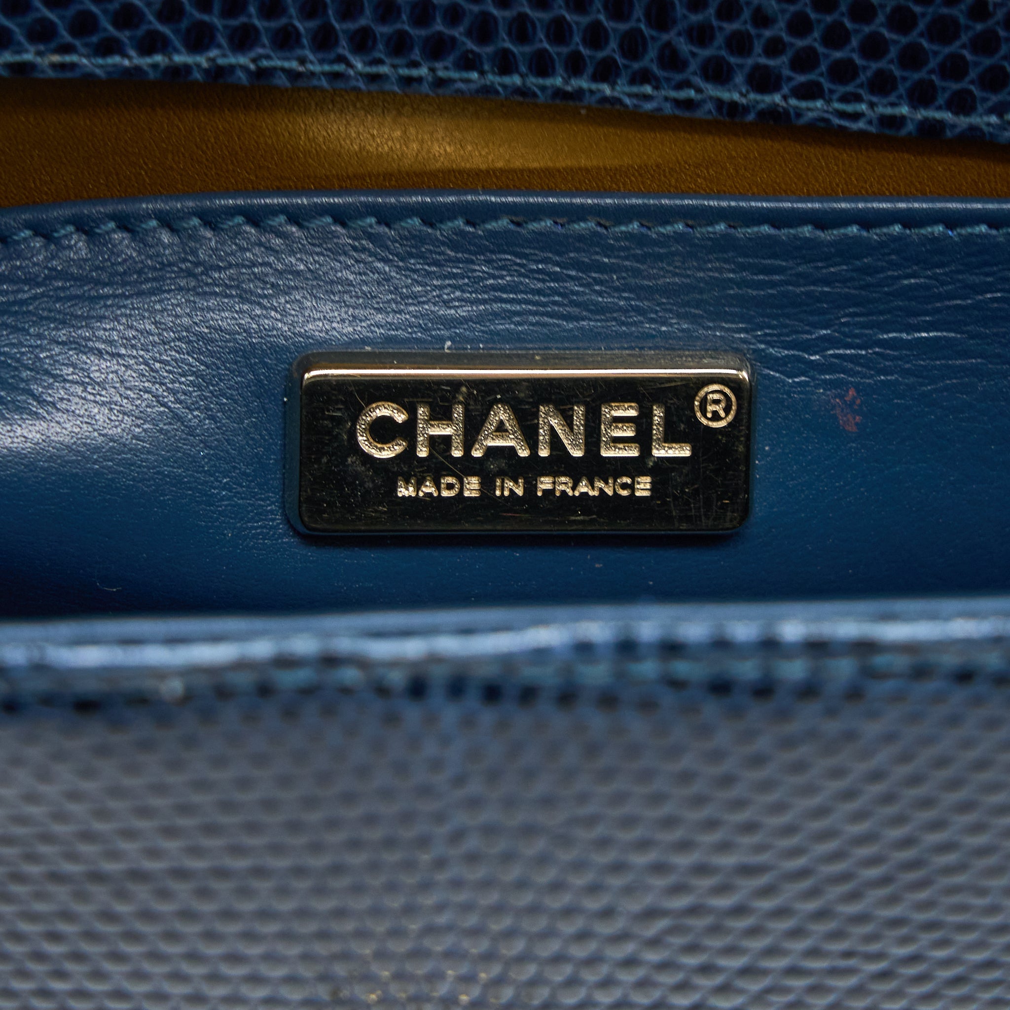 CHANEL SMALL BOY BAG LIZARD DARK BLUE LGHW