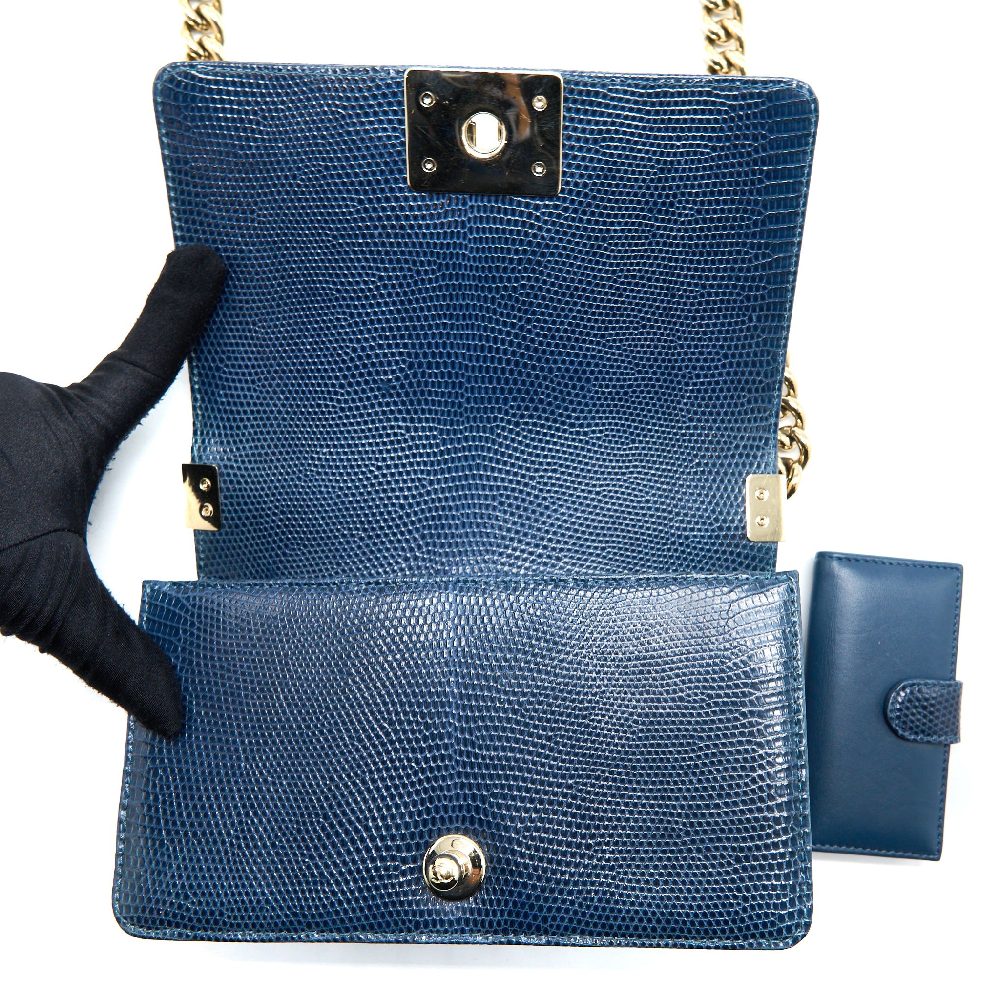 CHANEL SMALL BOY BAG LIZARD DARK BLUE LGHW