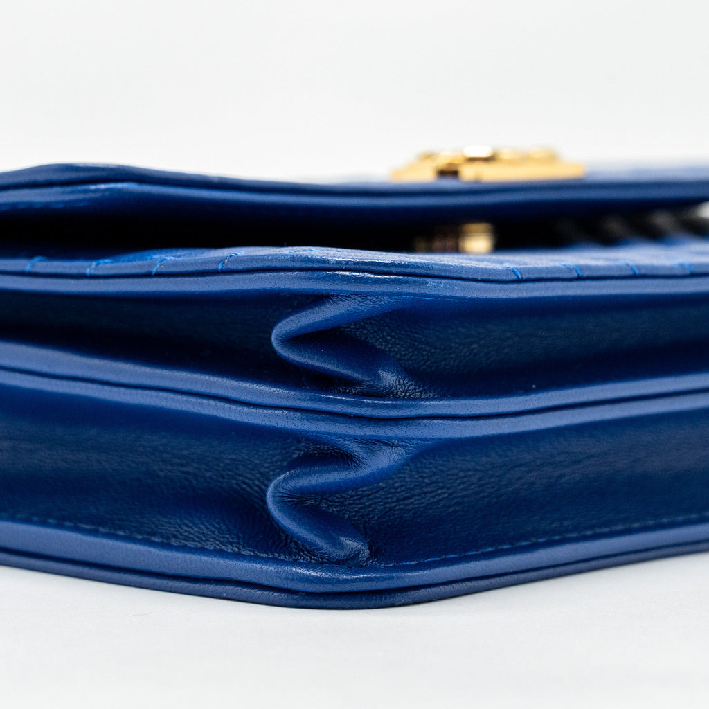 CHANEL BOY CLUTCH WITH CHAIN  CHERVON LAMBSKIN BLUE GHW